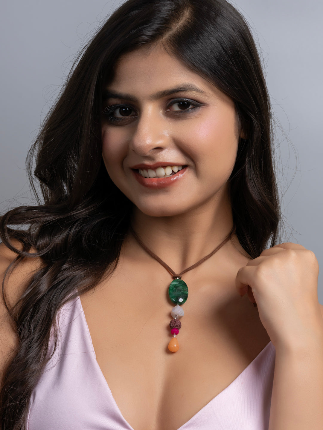 Semi Precious Green Brown Pink Onyx Agate Lava Sleek necklace with adjustable Suede Cord LOOK AND ADORN - designed for you