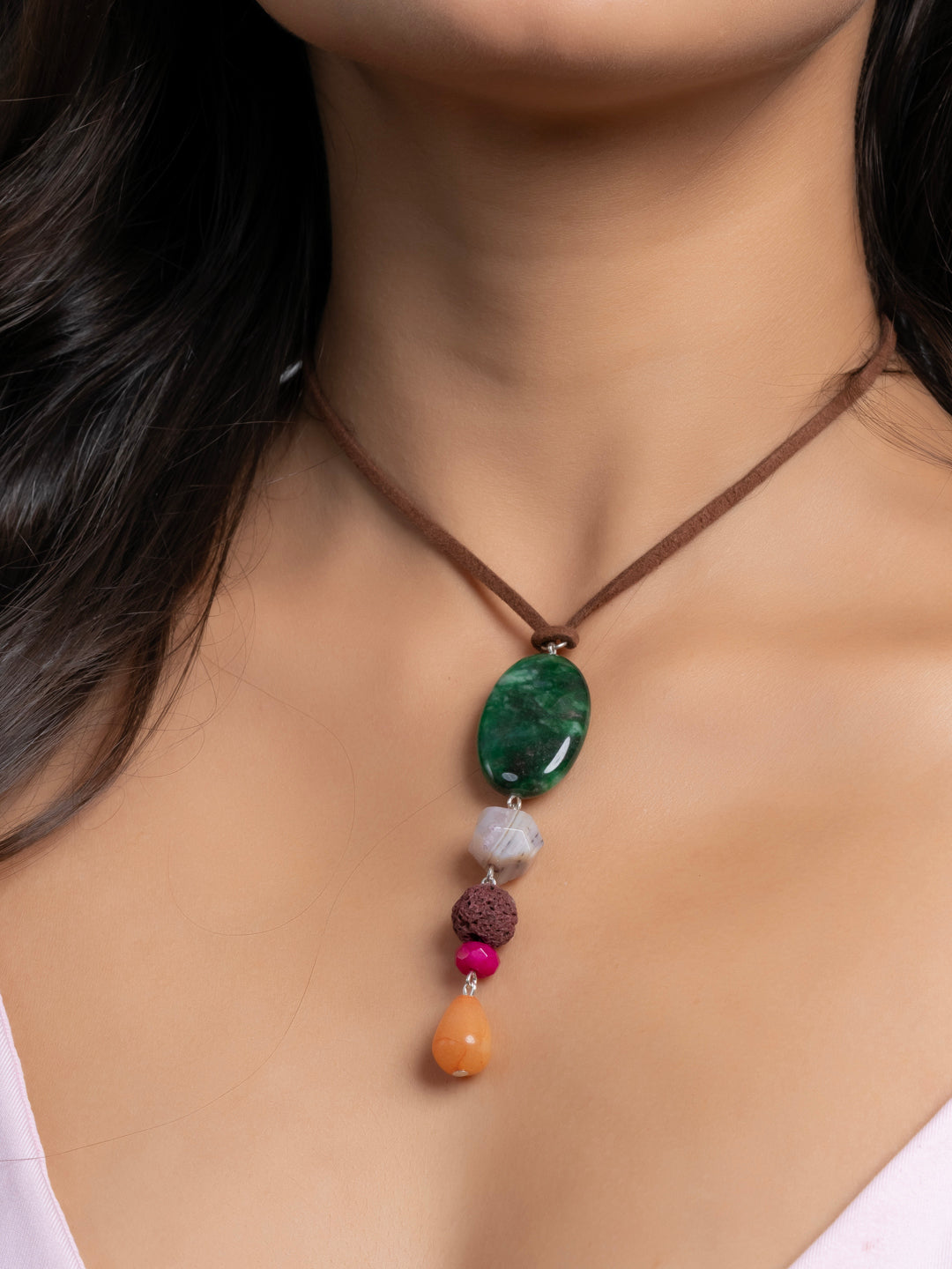 Semi Precious Green Brown Pink Onyx Agate Lava Sleek necklace with adjustable Suede Cord LOOK AND ADORN - designed for you