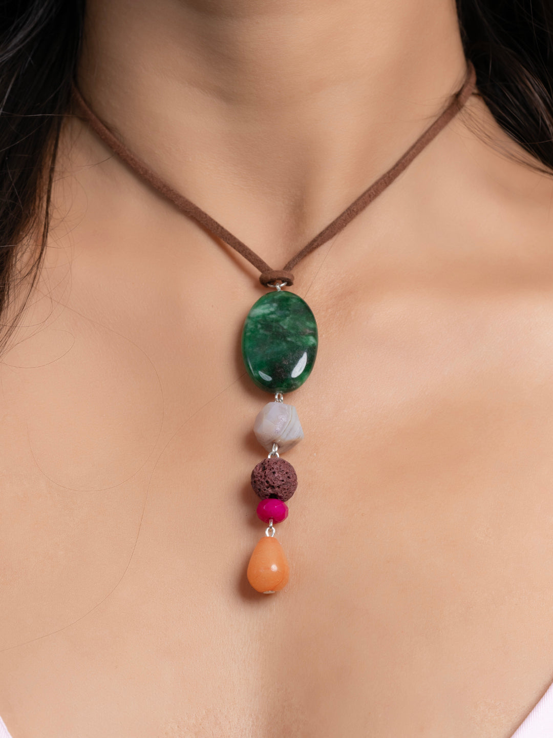 Semi Precious Green Brown Pink Onyx Agate Lava Sleek necklace with adjustable Suede Cord LOOK AND ADORN - designed for you