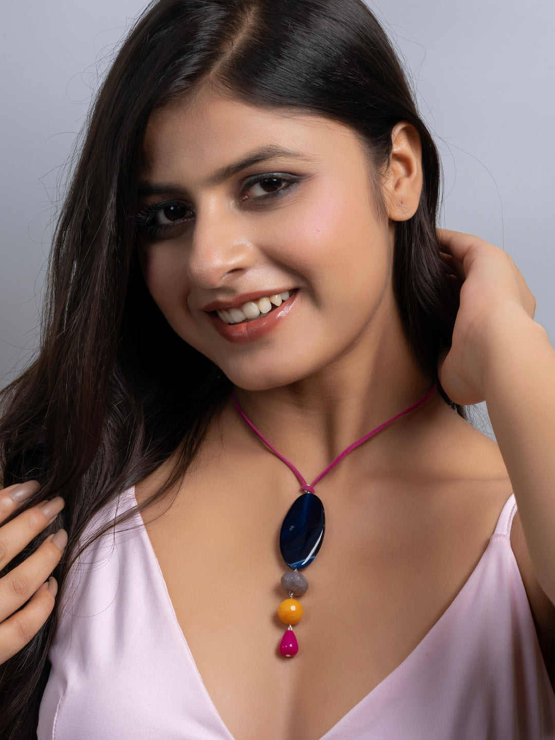 Semi Precious Blue Yellow Pink Brown Onyx Agate Sleek necklace with adjustable Suede Cord LOOK AND ADORN - designed for you
