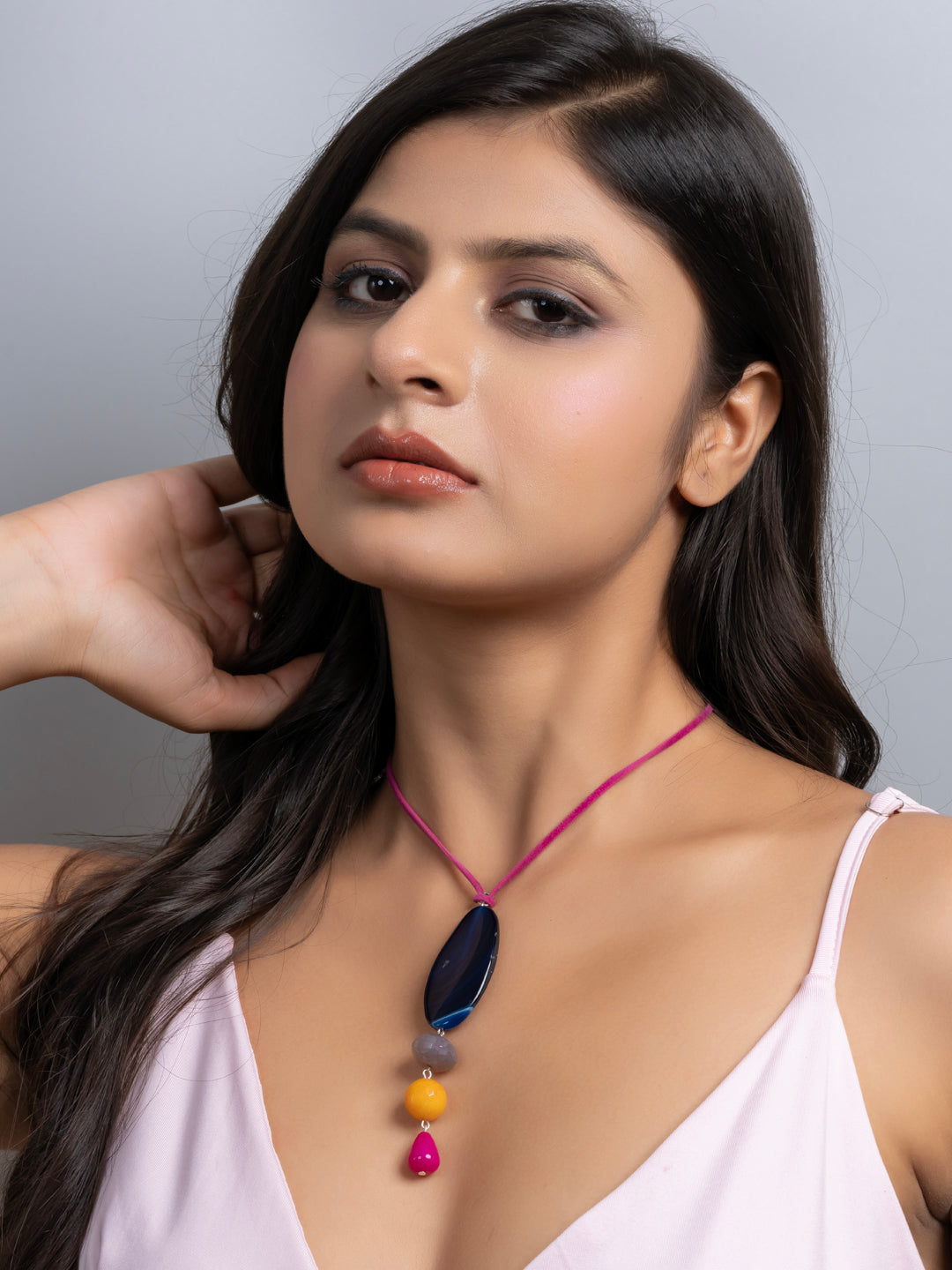 Semi Precious Blue Yellow Pink Brown Onyx Agate Sleek necklace with adjustable Suede Cord LOOK AND ADORN - designed for you