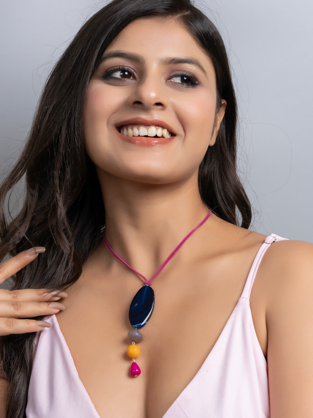 Semi Precious Blue Yellow Pink Brown Onyx Agate Sleek necklace with adjustable Suede Cord LOOK AND ADORN - designed for you