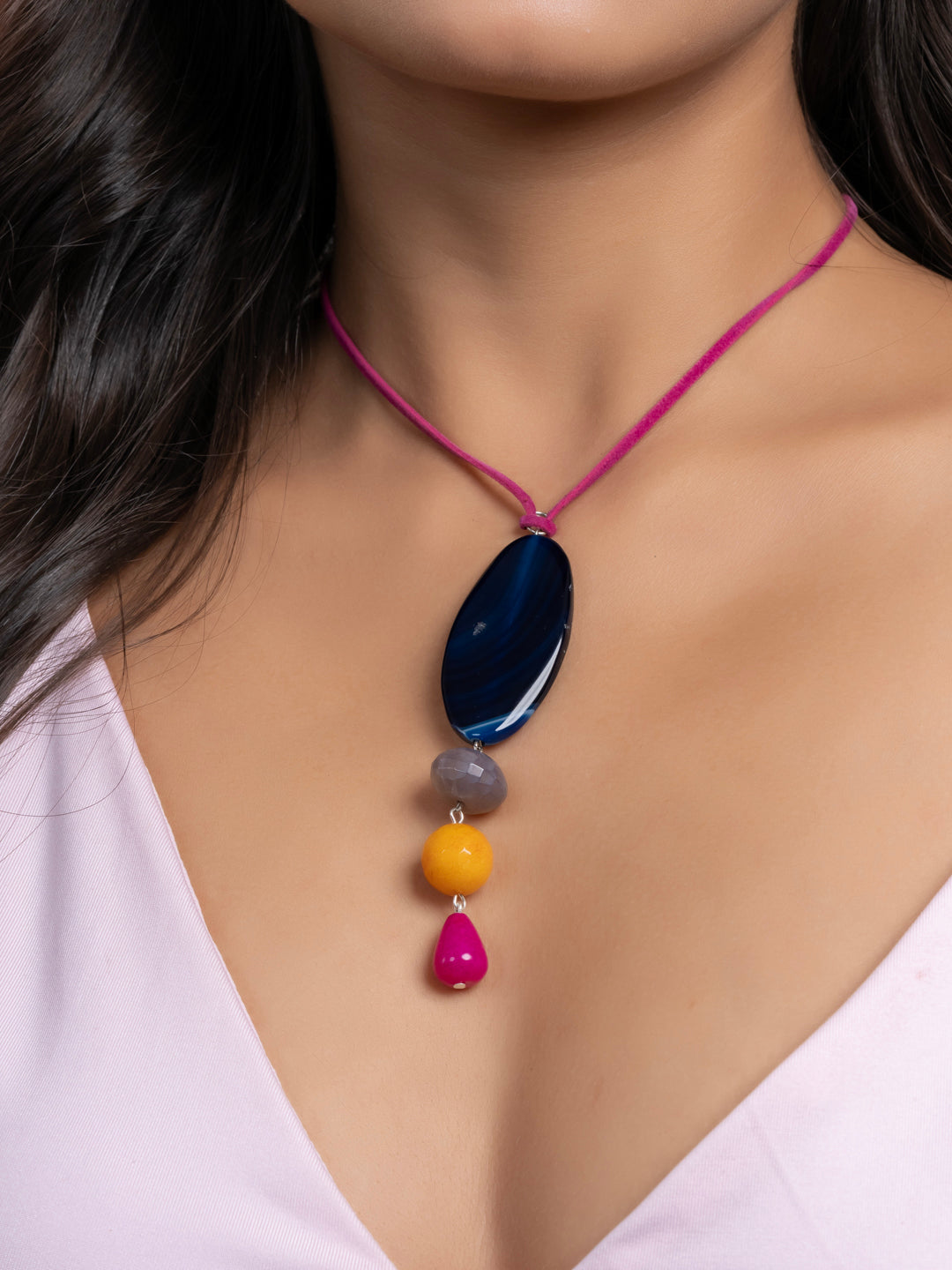 Semi Precious Blue Yellow Pink Brown Onyx Agate Sleek necklace with adjustable Suede Cord LOOK AND ADORN - designed for you
