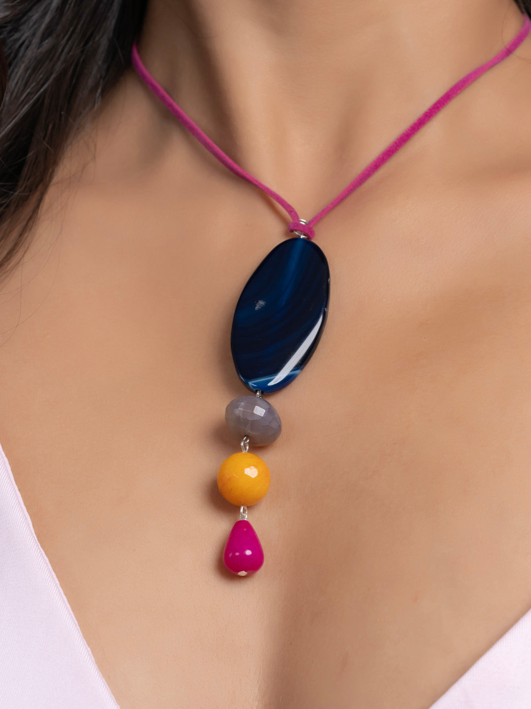 Semi Precious Blue Yellow Pink Brown Onyx Agate Sleek necklace with adjustable Suede Cord LOOK AND ADORN - designed for you