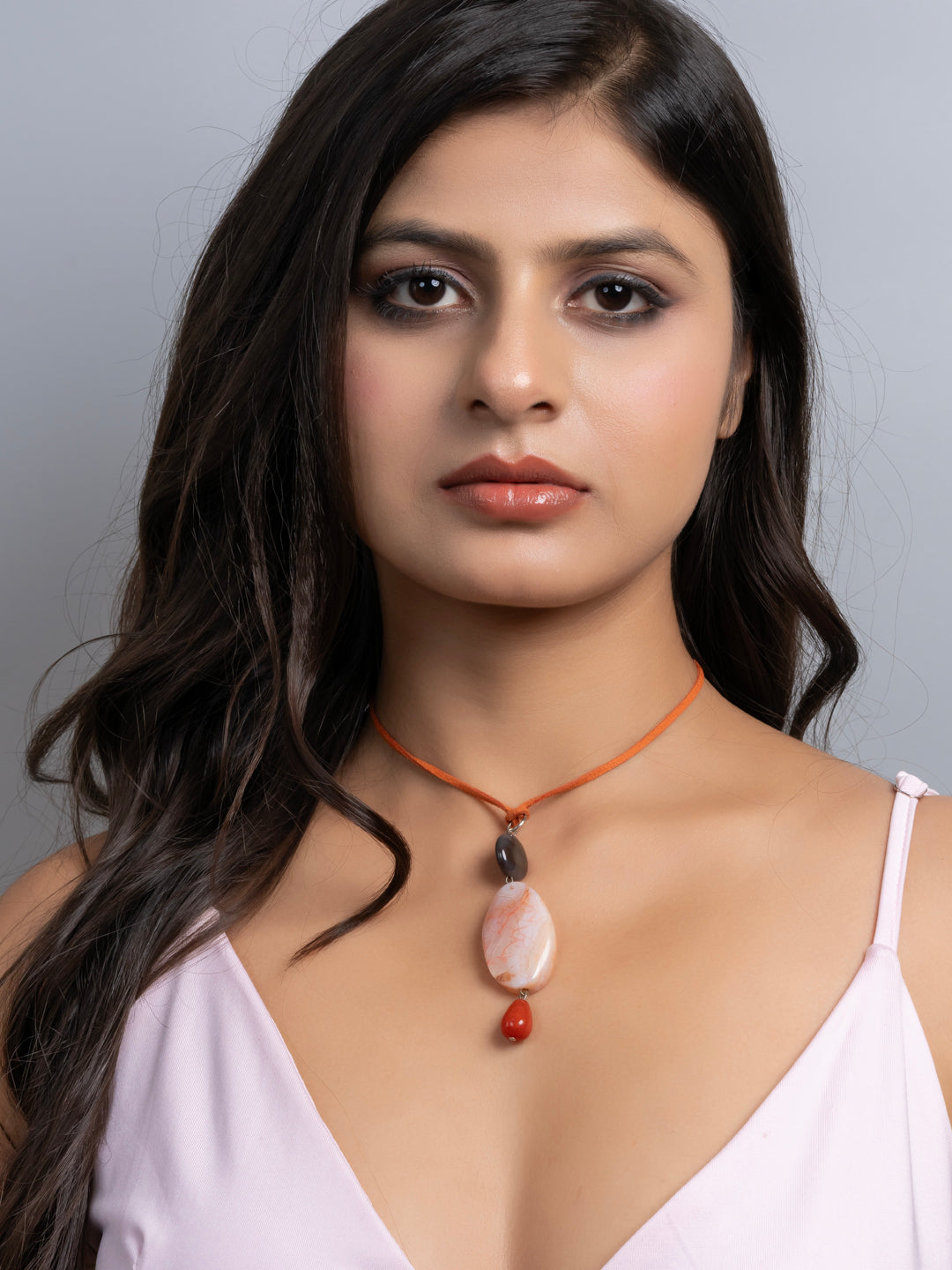 Semi Precious Brown Rust Orange Onyx Agate Sleek necklace with adjustable Suede Cord LOOK AND ADORN - designed for you