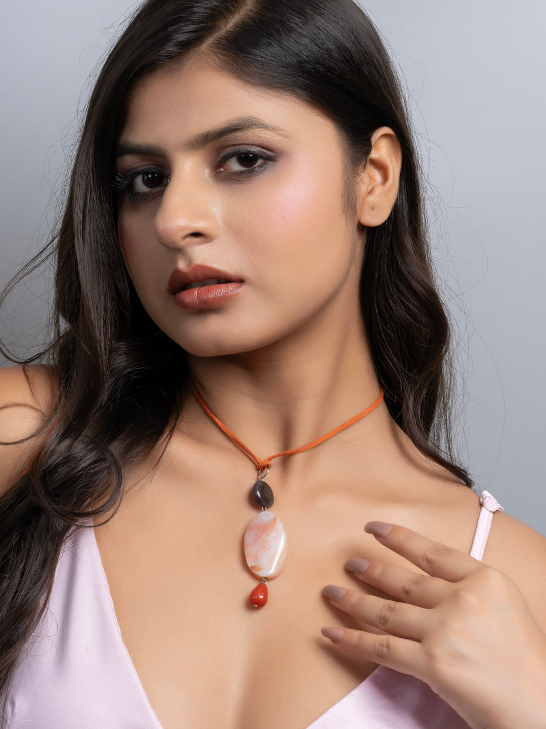 Semi Precious Brown Rust Orange Onyx Agate Sleek necklace with adjustable Suede Cord LOOK AND ADORN - designed for you