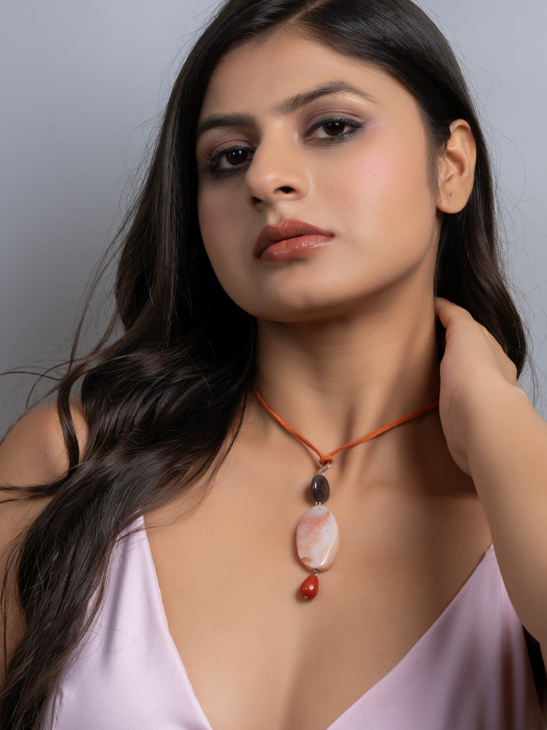 Semi Precious Brown Rust Orange Onyx Agate Sleek necklace with adjustable Suede Cord LOOK AND ADORN - designed for you