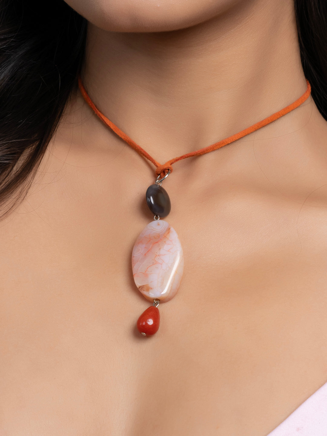 Semi Precious Brown Rust Orange Onyx Agate Sleek necklace with adjustable Suede Cord LOOK AND ADORN - designed for you