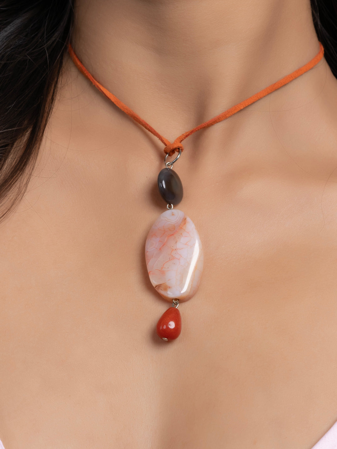 Semi Precious Brown Rust Orange Onyx Agate Sleek necklace with adjustable Suede Cord LOOK AND ADORN - designed for you
