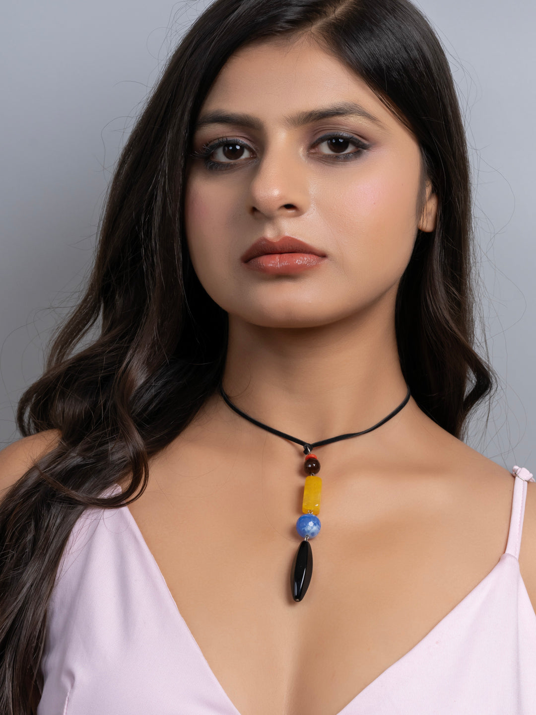 Semi Precious Black Blue Yellow Onyx Agate Sleek necklace with adjustable Suede Cord LOOK AND ADORN - designed for you