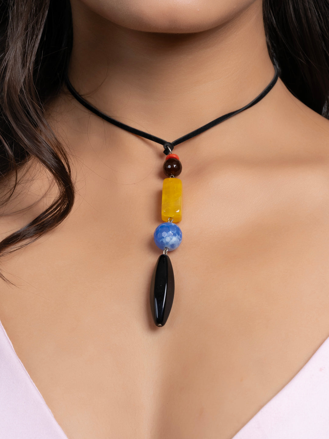 Semi Precious Black Blue Yellow Onyx Agate Sleek necklace with adjustable Suede Cord LOOK AND ADORN - designed for you