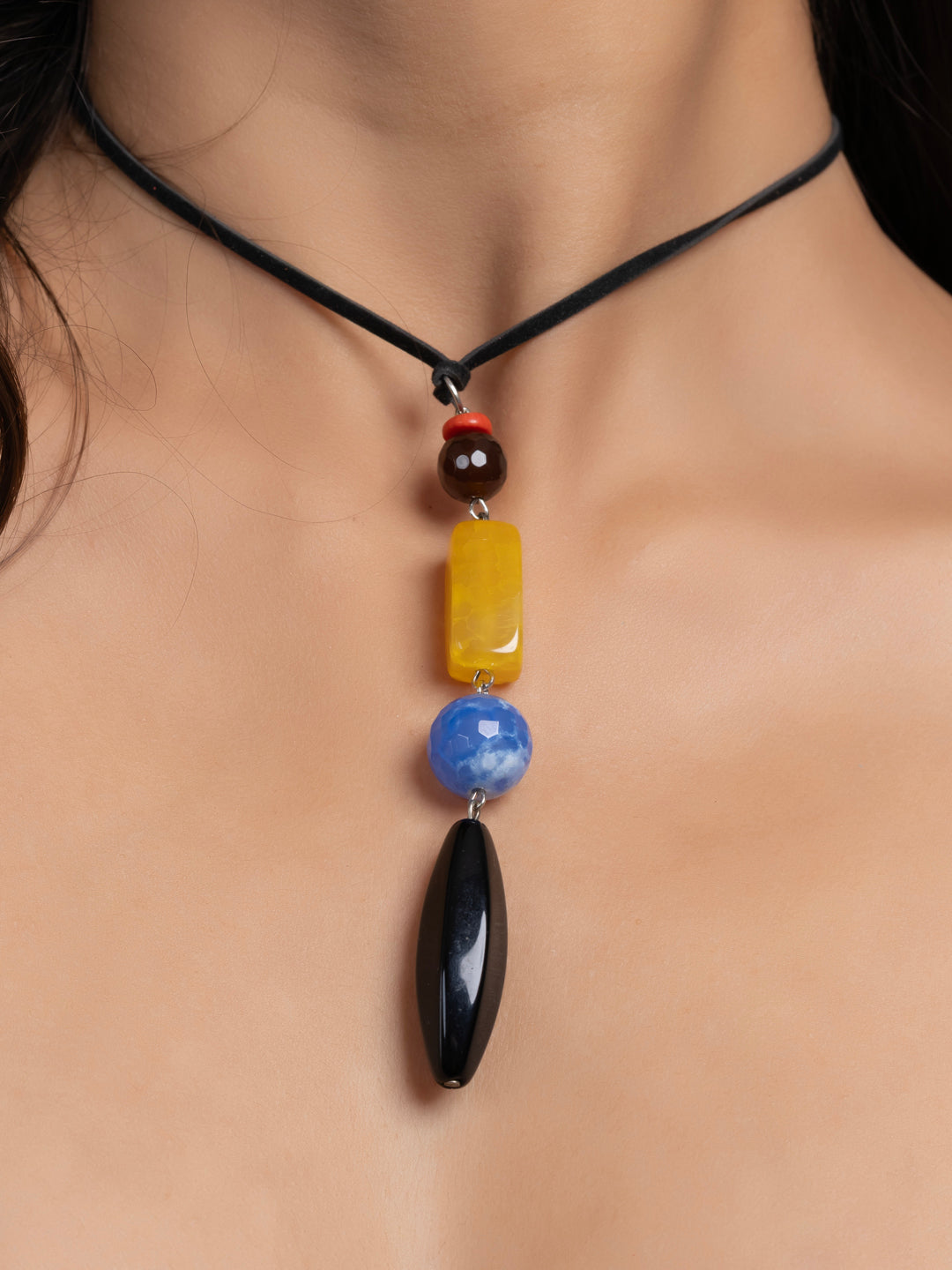 Semi Precious Black Blue Yellow Onyx Agate Sleek necklace with adjustable Suede Cord LOOK AND ADORN - designed for you