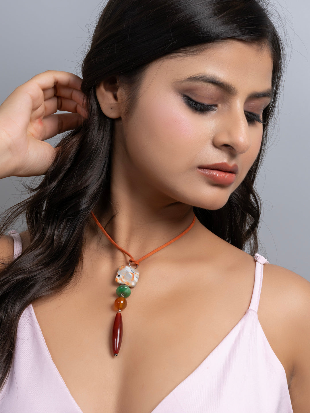Semi Precious Brown Rust Orange Green Onyx Agate Sleek necklace with adjustable Suede Cord LOOK AND ADORN - designed for you