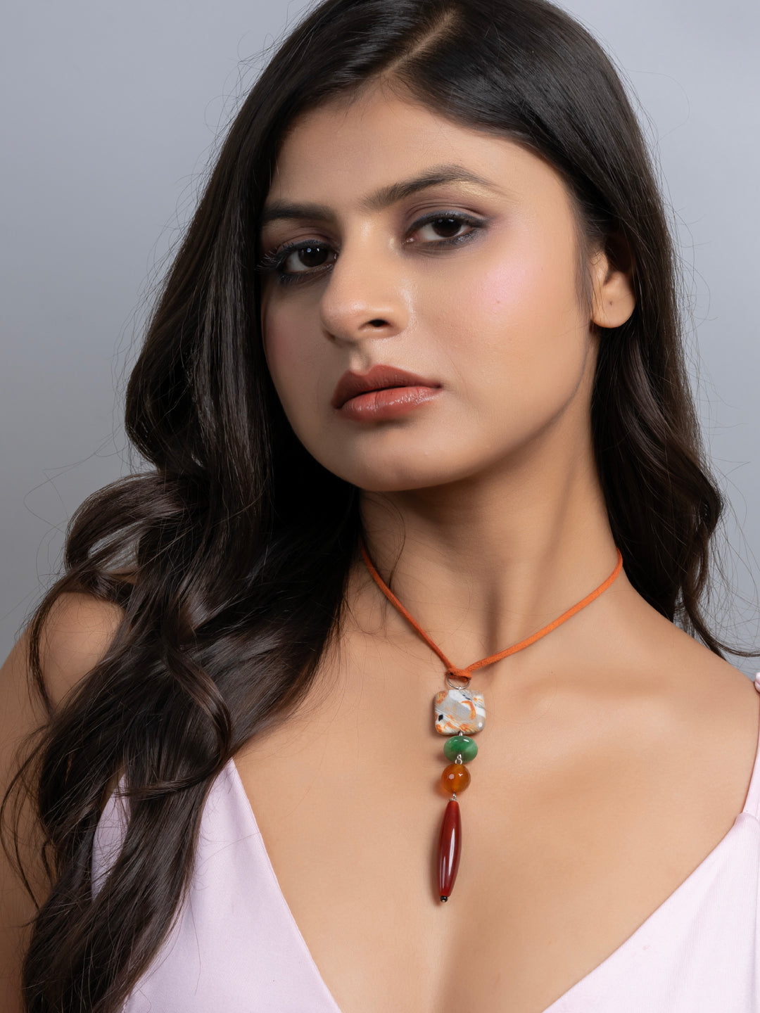 Semi Precious Brown Rust Orange Green Onyx Agate Sleek necklace with adjustable Suede Cord LOOK AND ADORN - designed for you