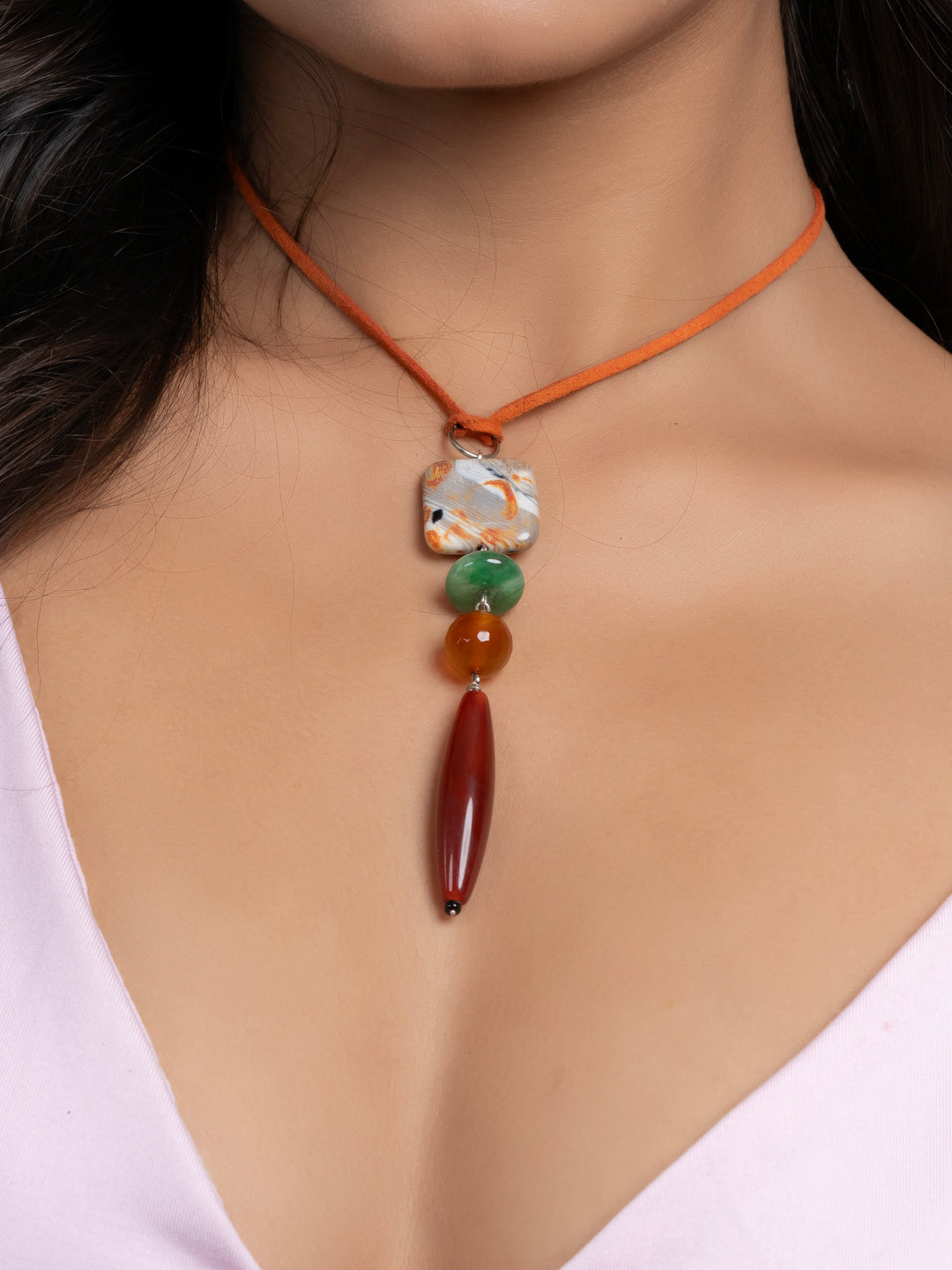 Semi Precious Brown Rust Orange Green Onyx Agate Sleek necklace with adjustable Suede Cord LOOK AND ADORN - designed for you