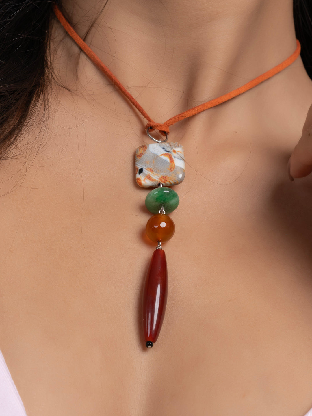 Semi Precious Brown Rust Orange Green Onyx Agate Sleek necklace with adjustable Suede Cord LOOK AND ADORN - designed for you