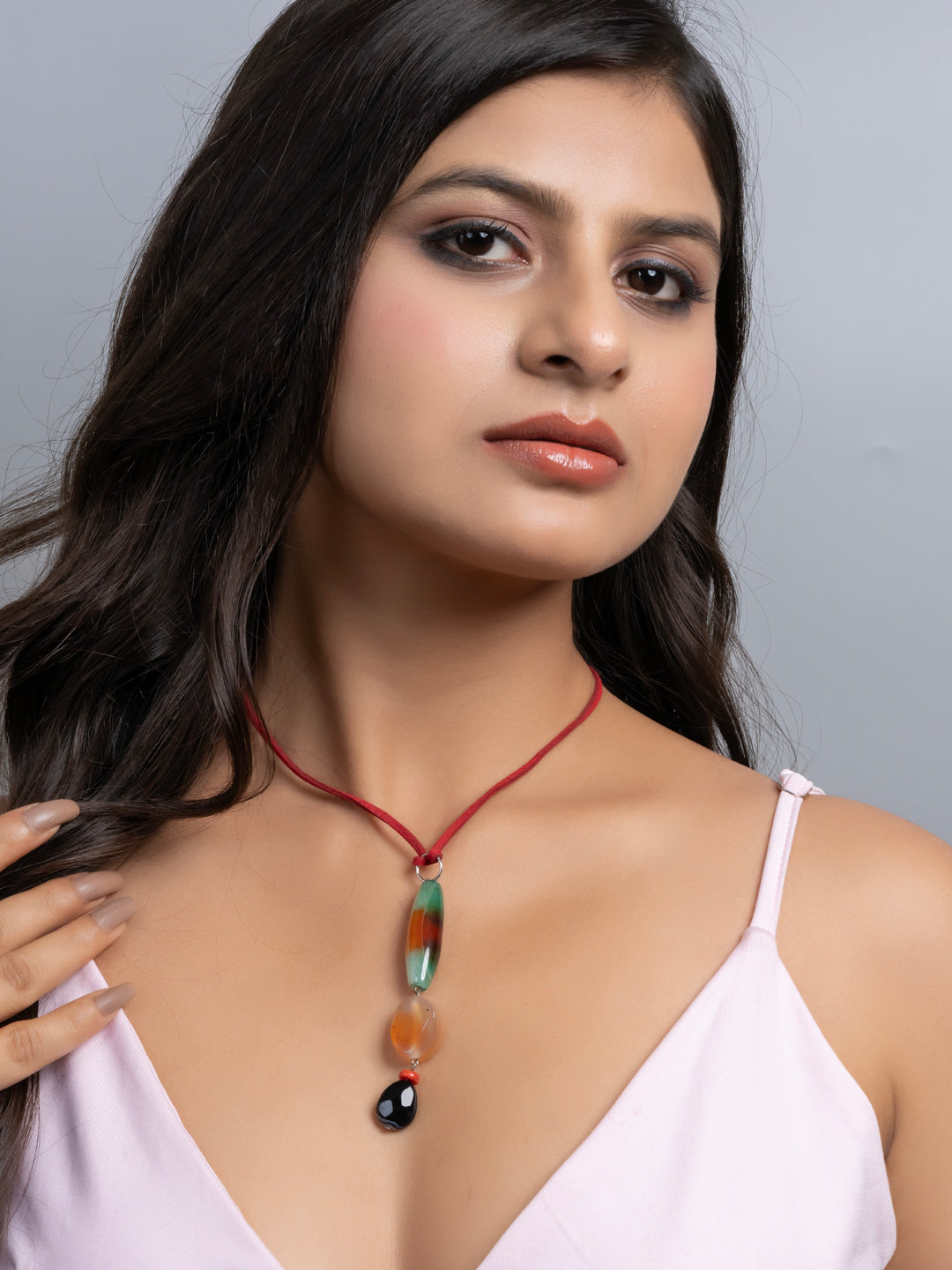 Semi Precious Brown Black Rust Orange Green Onyx Agate Sleek necklace with adjustable Suede Cord LOOK AND ADORN - designed for you