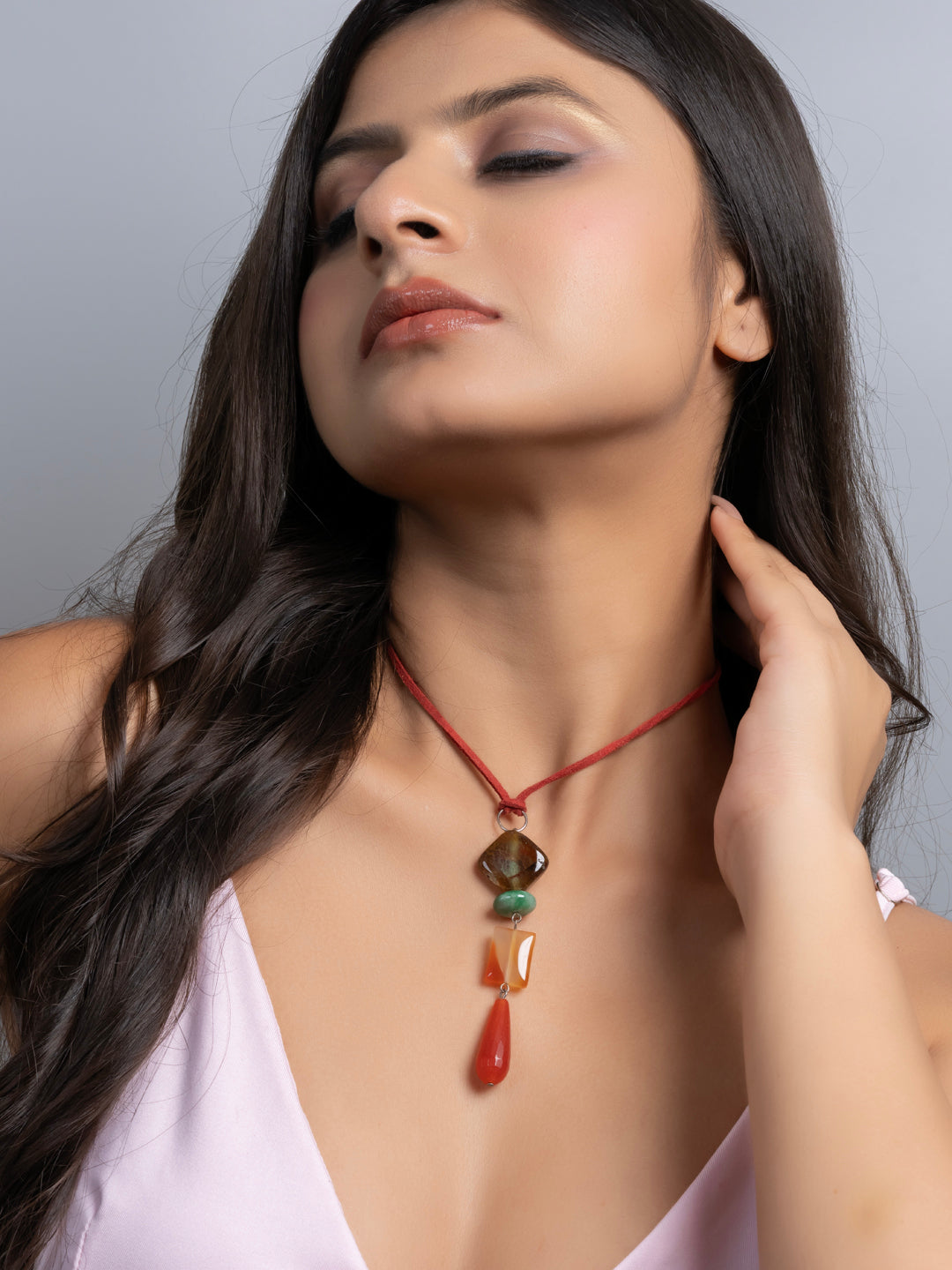 Semi Precious Brown Rust Orange Green Onyx Agate Sleek necklace with adjustable Suede Cord LOOK AND ADORN - designed for you