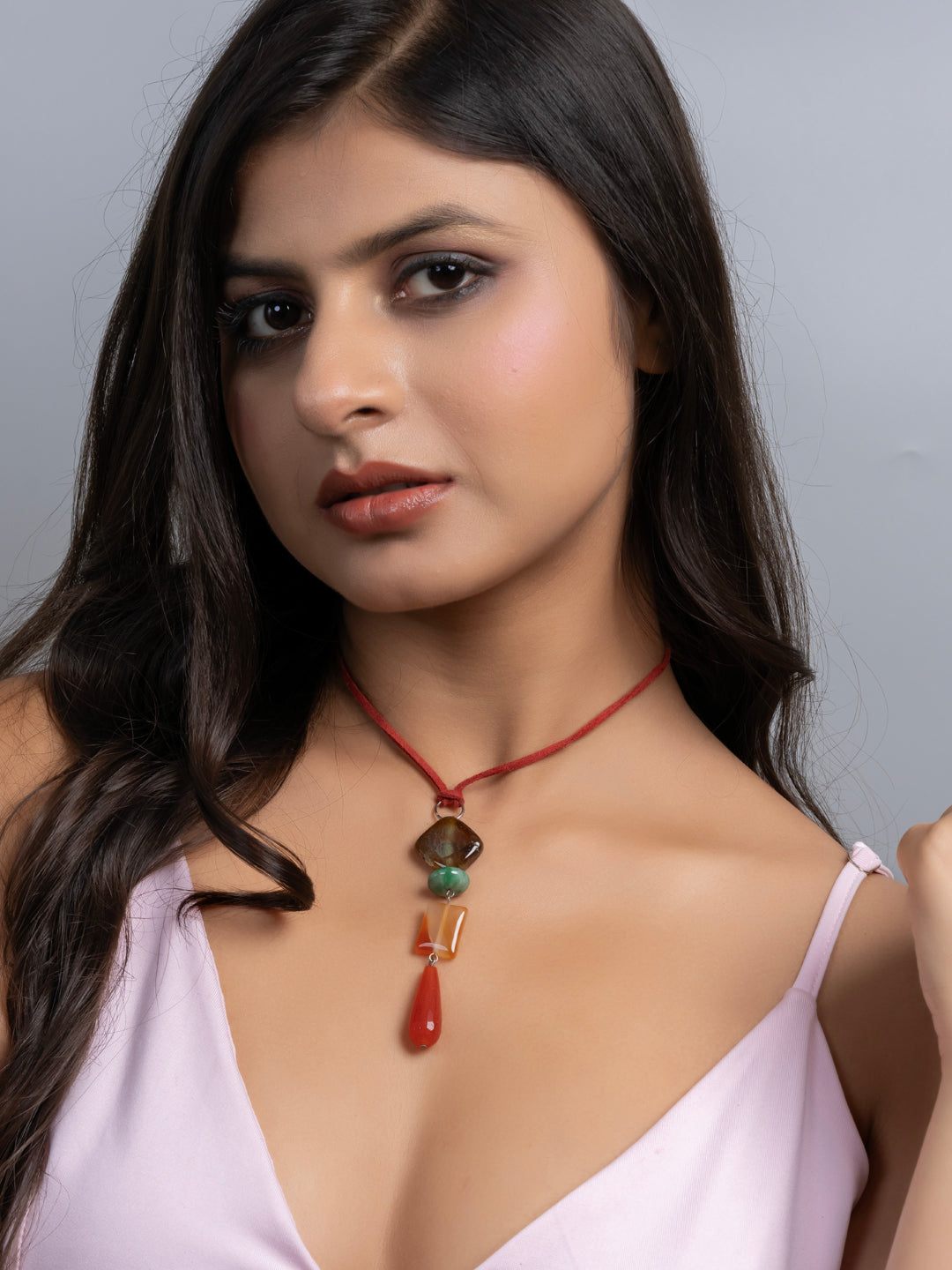 Semi Precious Brown Rust Orange Green Onyx Agate Sleek necklace with adjustable Suede Cord LOOK AND ADORN - designed for you