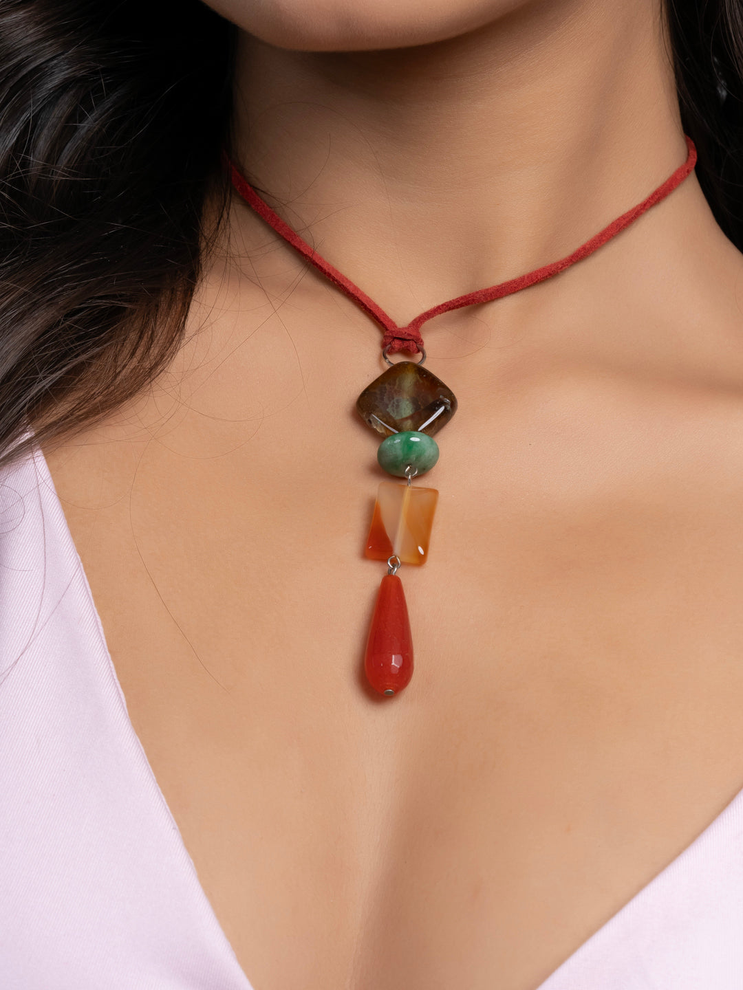 Semi Precious Brown Rust Orange Green Onyx Agate Sleek necklace with adjustable Suede Cord LOOK AND ADORN - designed for you