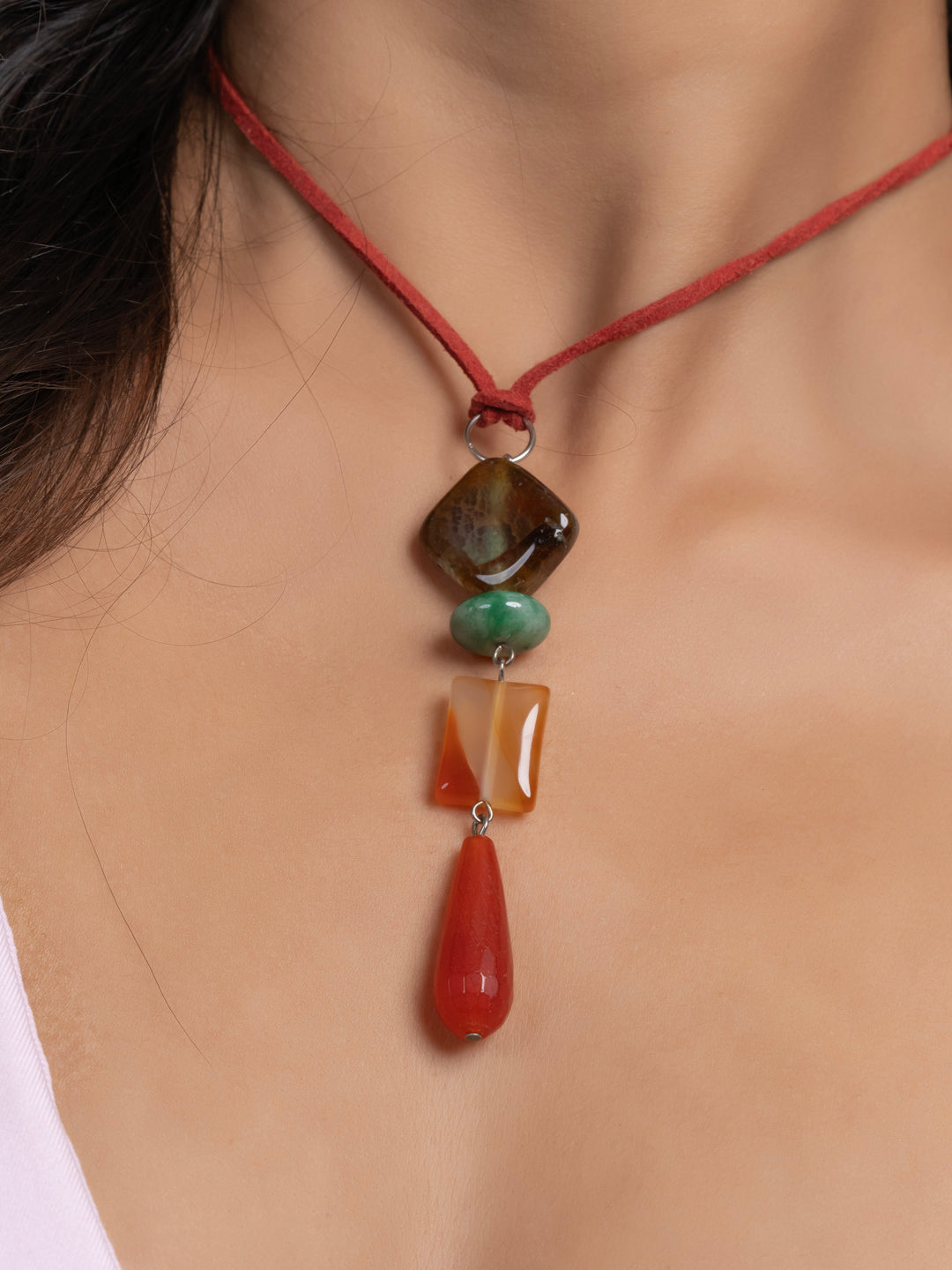 Semi Precious Brown Rust Orange Green Onyx Agate Sleek necklace with adjustable Suede Cord LOOK AND ADORN - designed for you