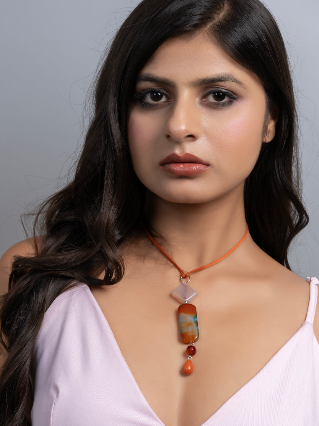 Semi Precious Brown Rust Orange Green Onyx Agate Sleek necklace with adjustable Suede Cord LOOK AND ADORN - designed for you