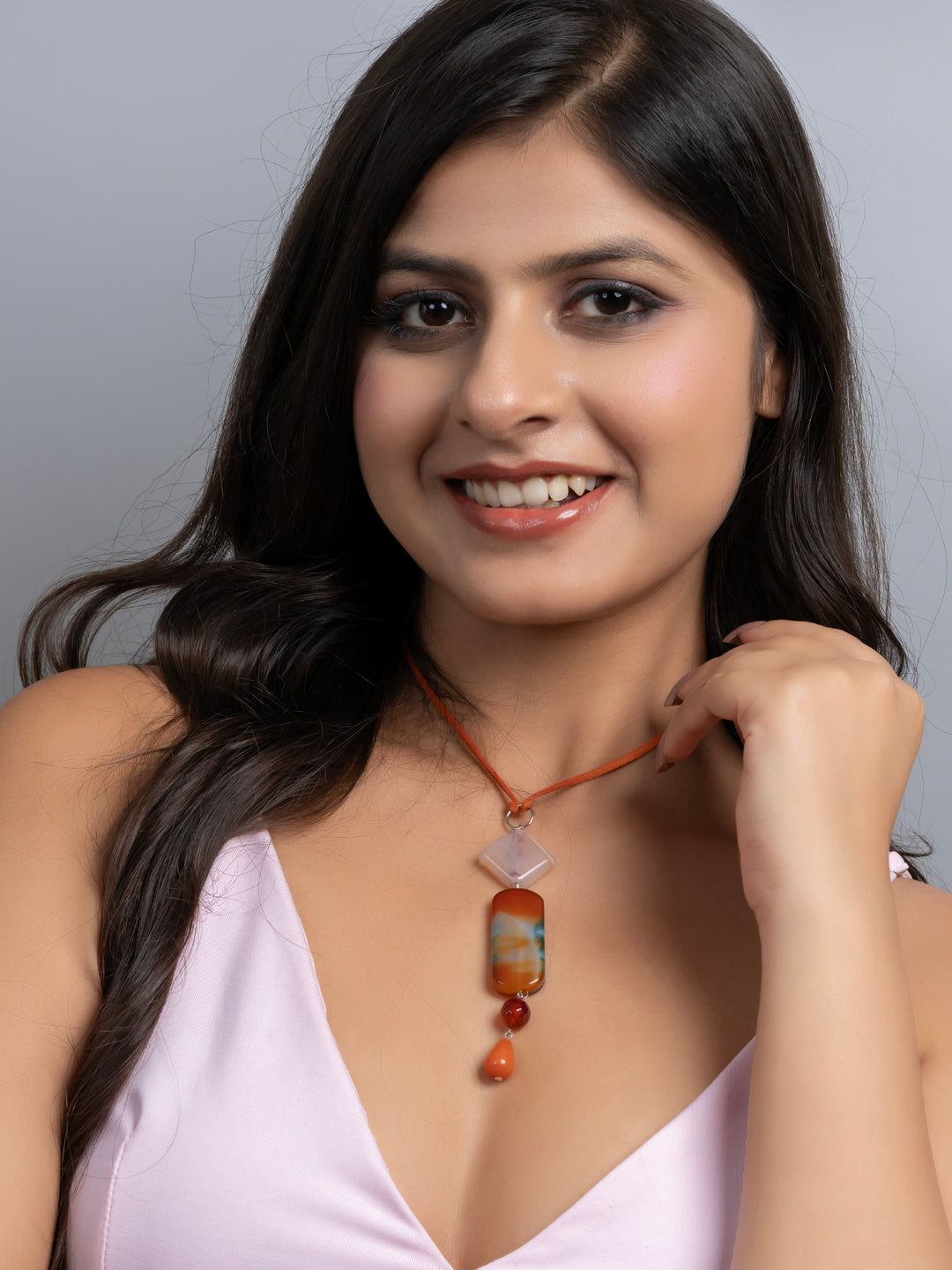Semi Precious Brown Rust Orange Green Onyx Agate Sleek necklace with adjustable Suede Cord LOOK AND ADORN - designed for you