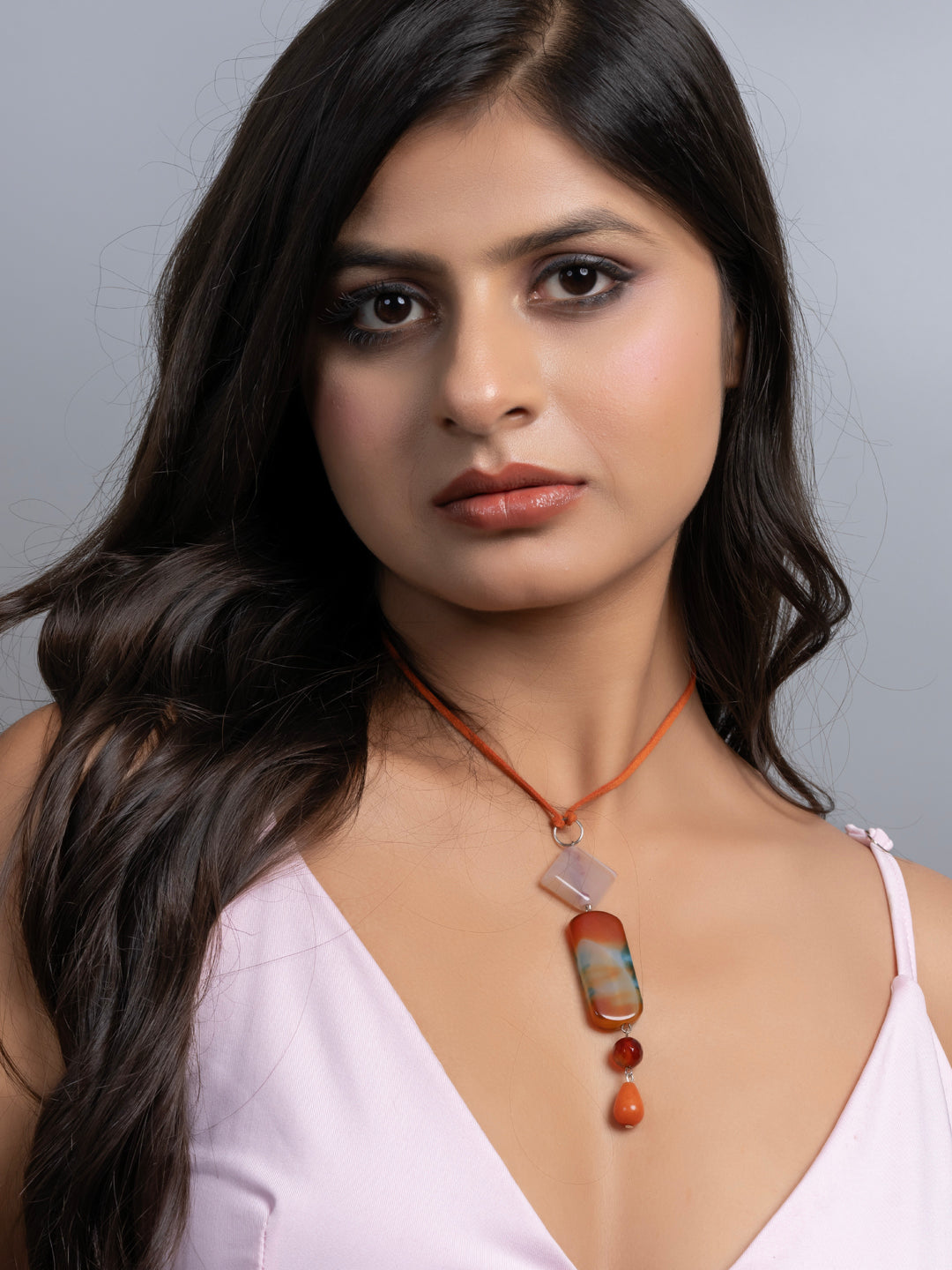 Semi Precious Brown Rust Orange Green Onyx Agate Sleek necklace with adjustable Suede Cord LOOK AND ADORN - designed for you