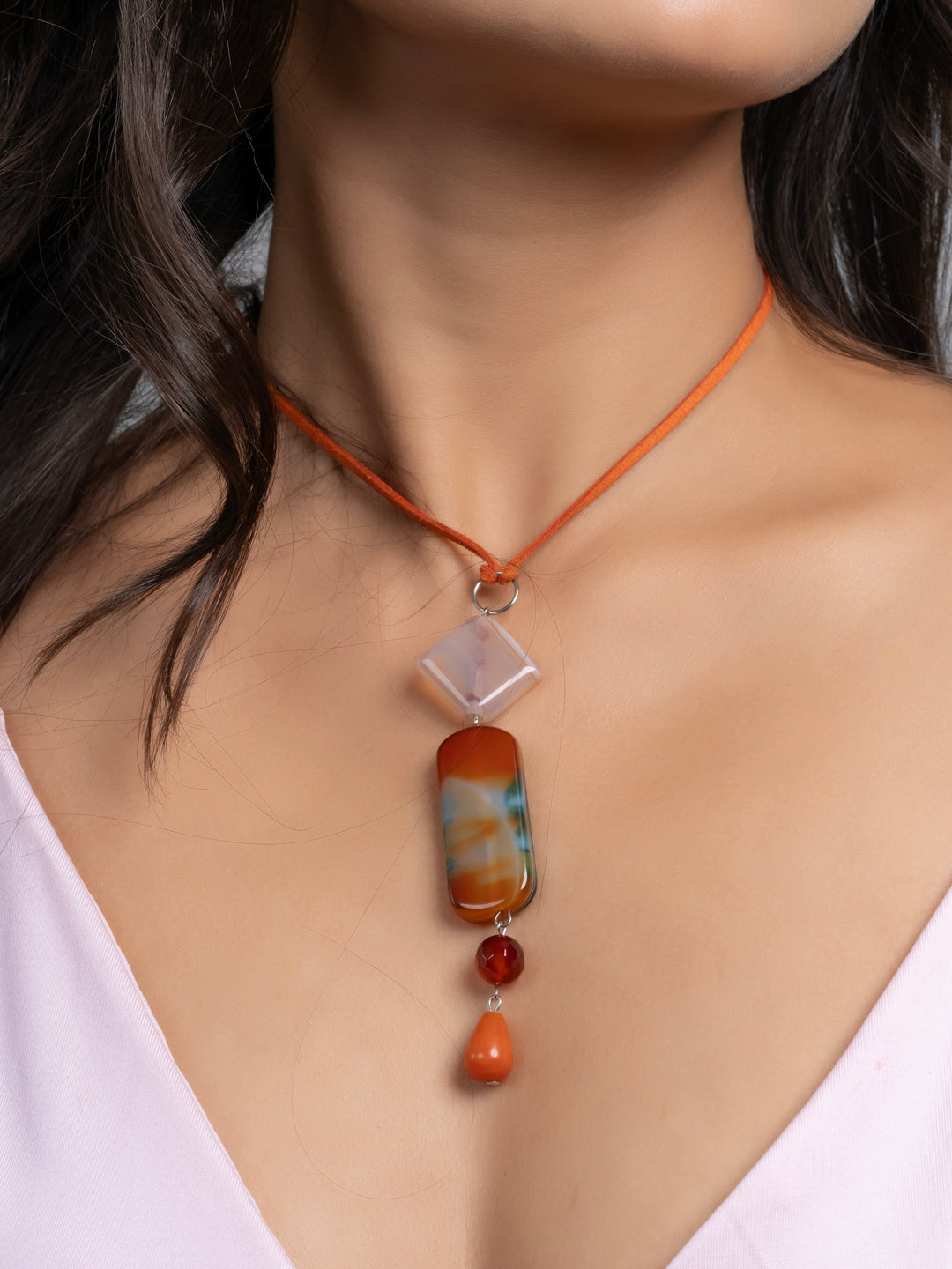 Semi Precious Brown Rust Orange Green Onyx Agate Sleek necklace with adjustable Suede Cord LOOK AND ADORN - designed for you