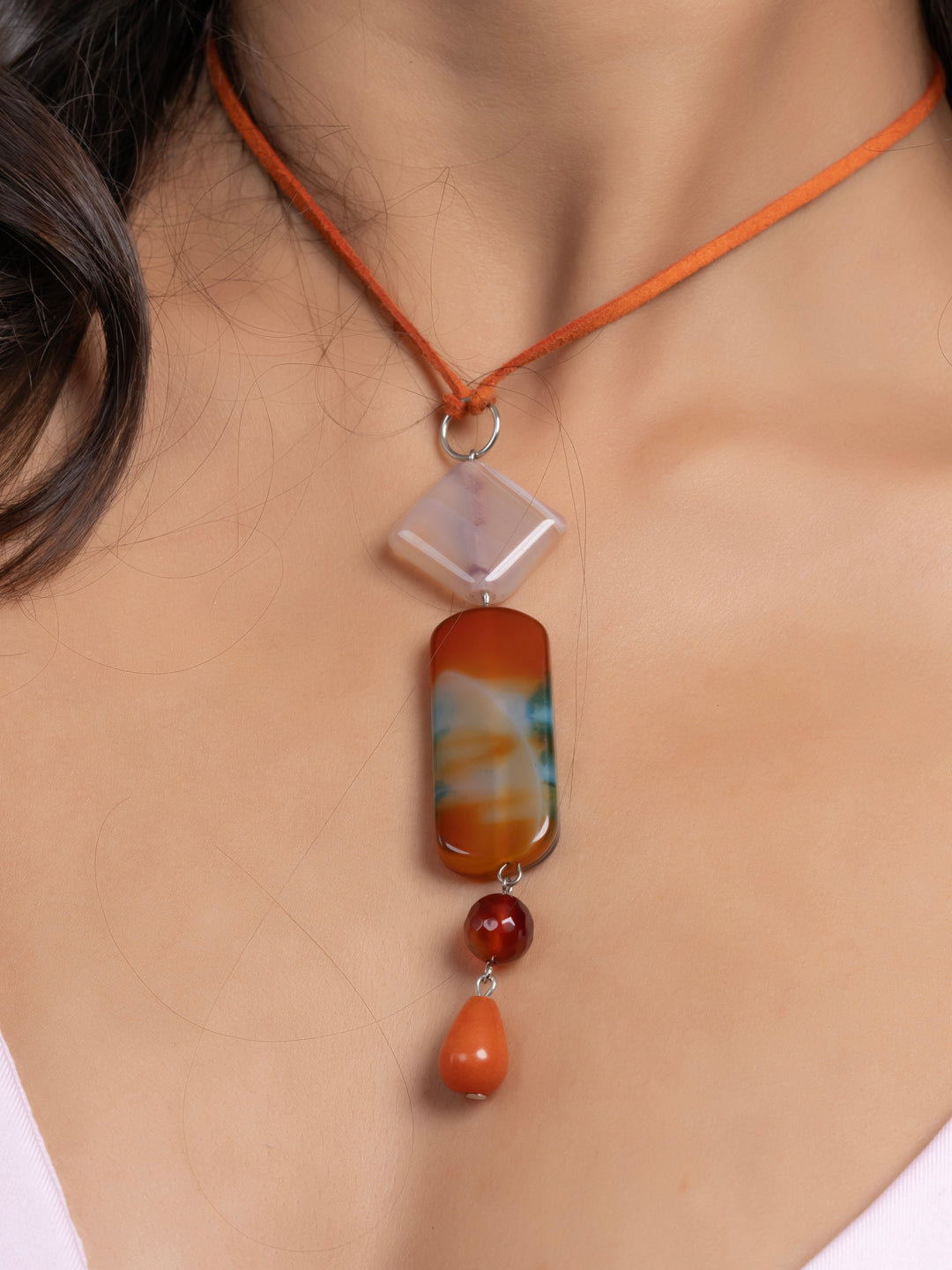 Semi Precious Brown Rust Orange Green Onyx Agate Sleek necklace with adjustable Suede Cord LOOK AND ADORN - designed for you