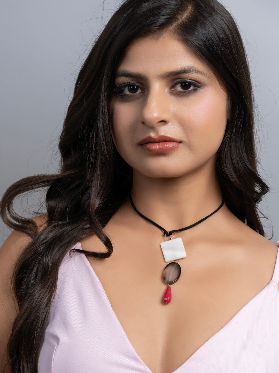 Semi Precious Black White Pink Onyx Agate MOP Sleek necklace with adjustable Suede Cord LOOK AND ADORN - designed for you