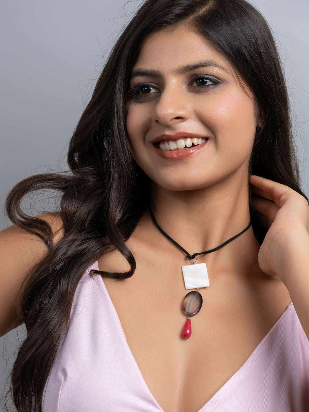 Semi Precious Black White Pink Onyx Agate MOP Sleek necklace with adjustable Suede Cord LOOK AND ADORN - designed for you