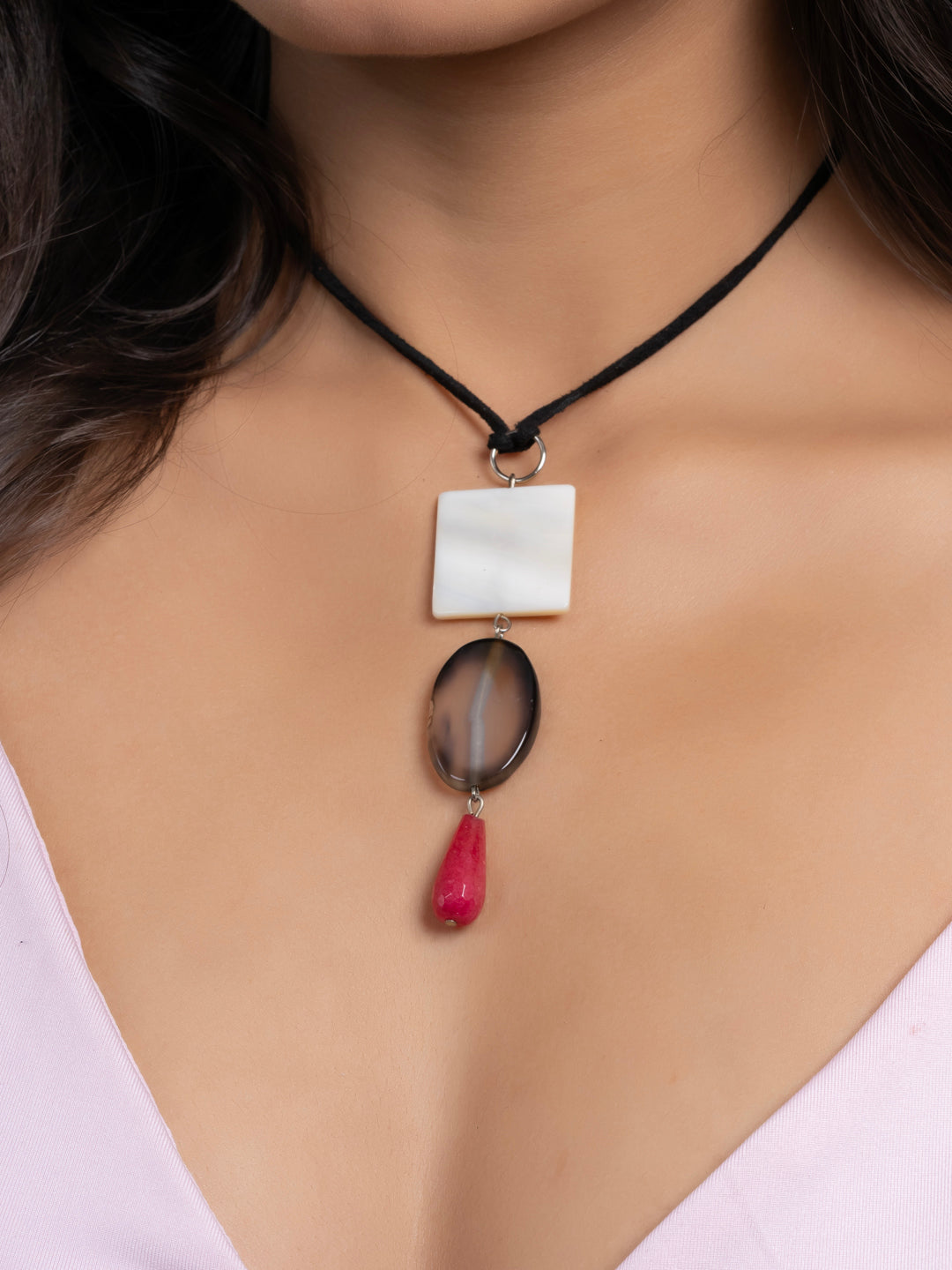 Semi Precious Black White Pink Onyx Agate MOP Sleek necklace with adjustable Suede Cord LOOK AND ADORN - designed for you