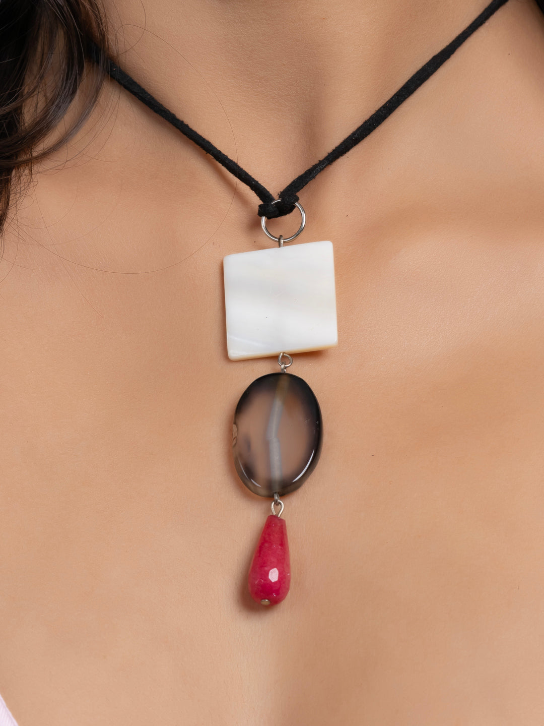 Semi Precious Black White Pink Onyx Agate MOP Sleek necklace with adjustable Suede Cord LOOK AND ADORN - designed for you