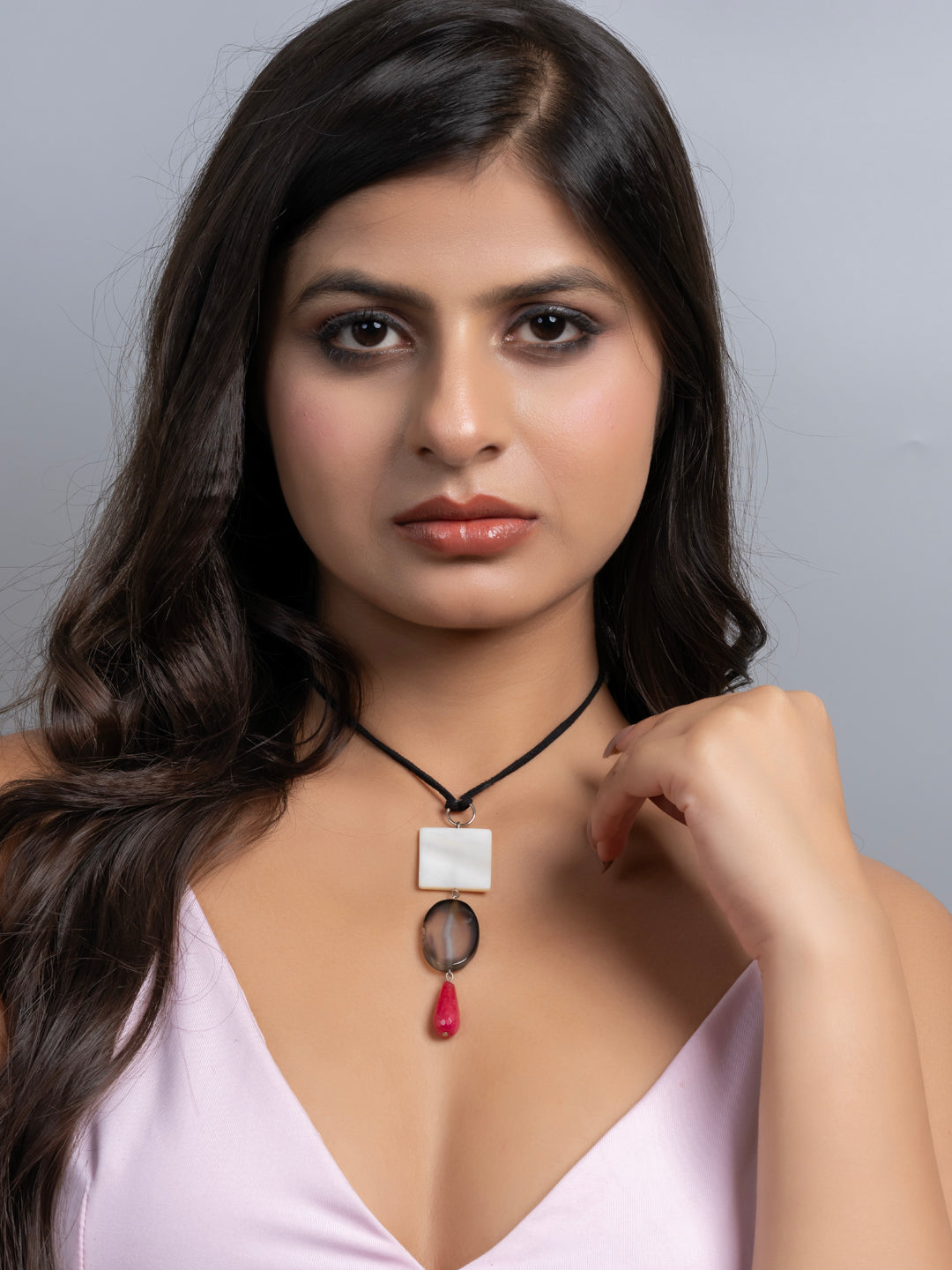 Semi Precious Black White Pink Onyx Agate MOP Sleek necklace with adjustable Suede Cord LOOK AND ADORN - designed for you