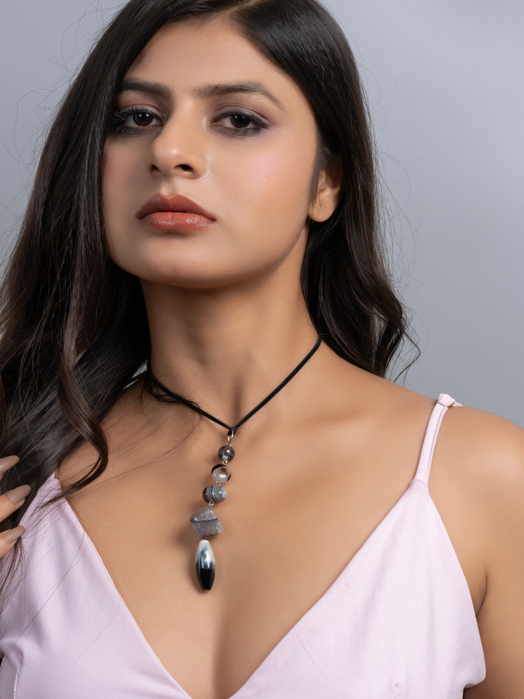 Semi Precious Black White Grey Onyx Agate Sleek necklace with adjustable Suede Cord LOOK AND ADORN - designed for you