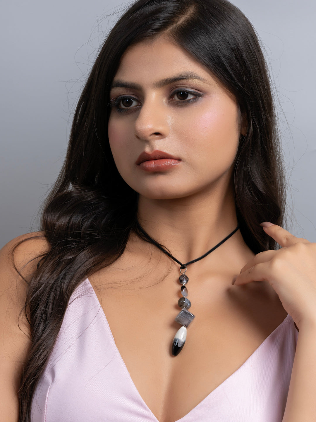 Semi Precious Black White Grey Onyx Agate Sleek necklace with adjustable Suede Cord LOOK AND ADORN - designed for you