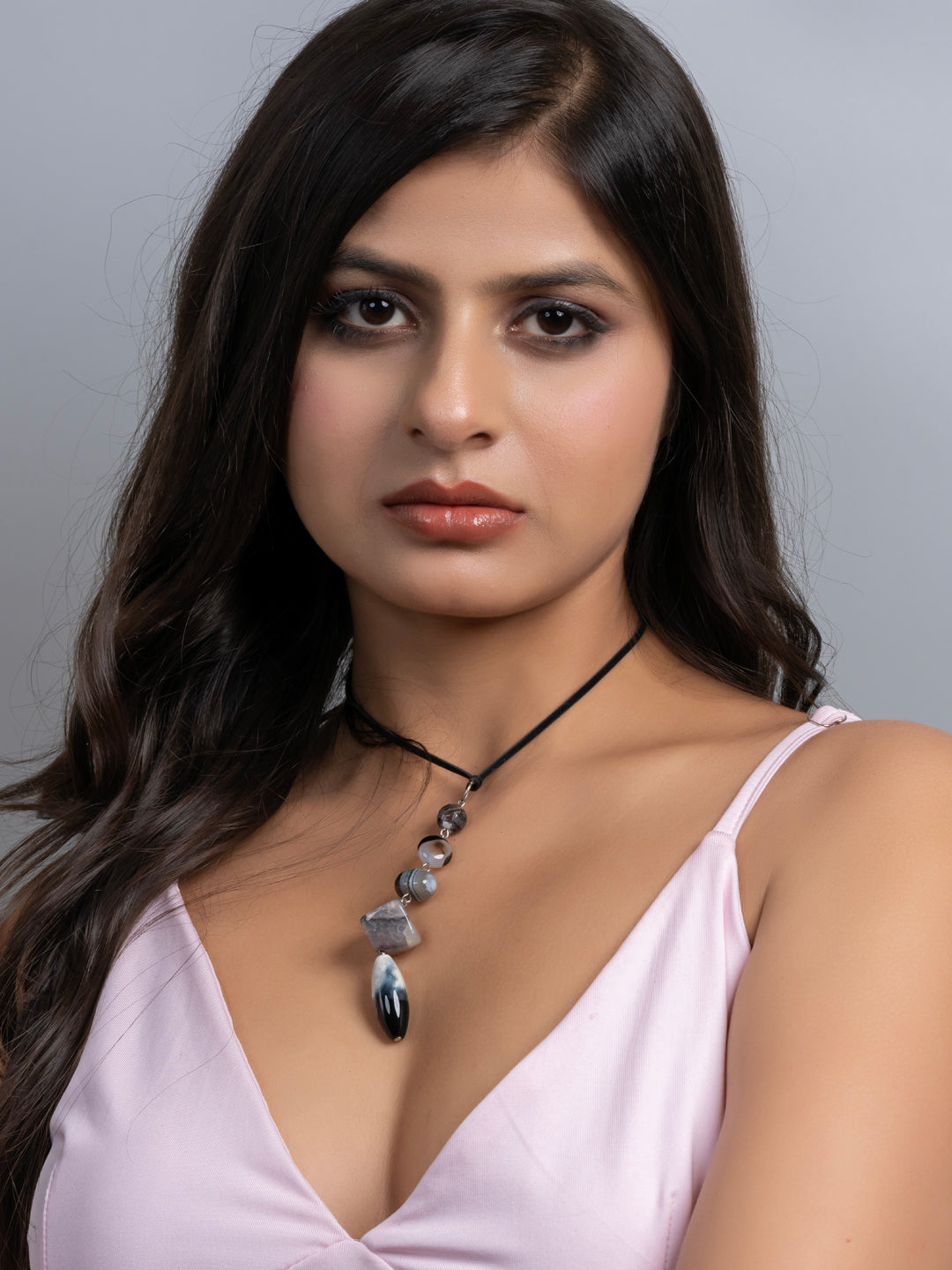 Semi Precious Black White Grey Onyx Agate Sleek necklace with adjustable Suede Cord LOOK AND ADORN - designed for you
