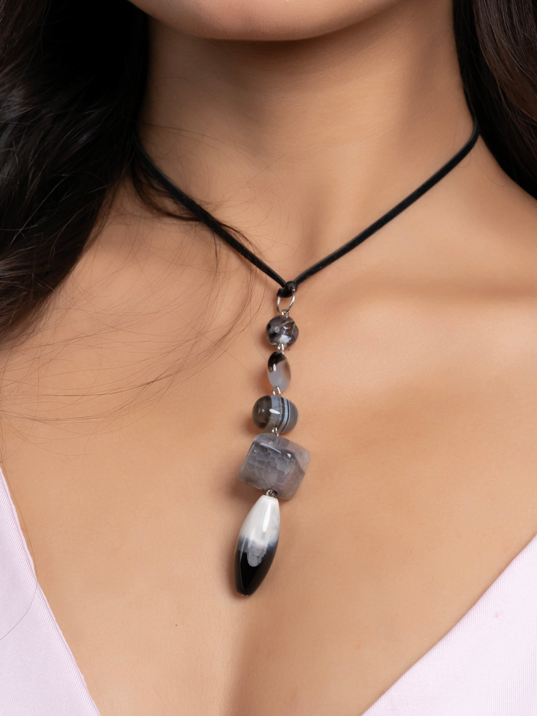 Semi Precious Black White Grey Onyx Agate Sleek necklace with adjustable Suede Cord LOOK AND ADORN - designed for you