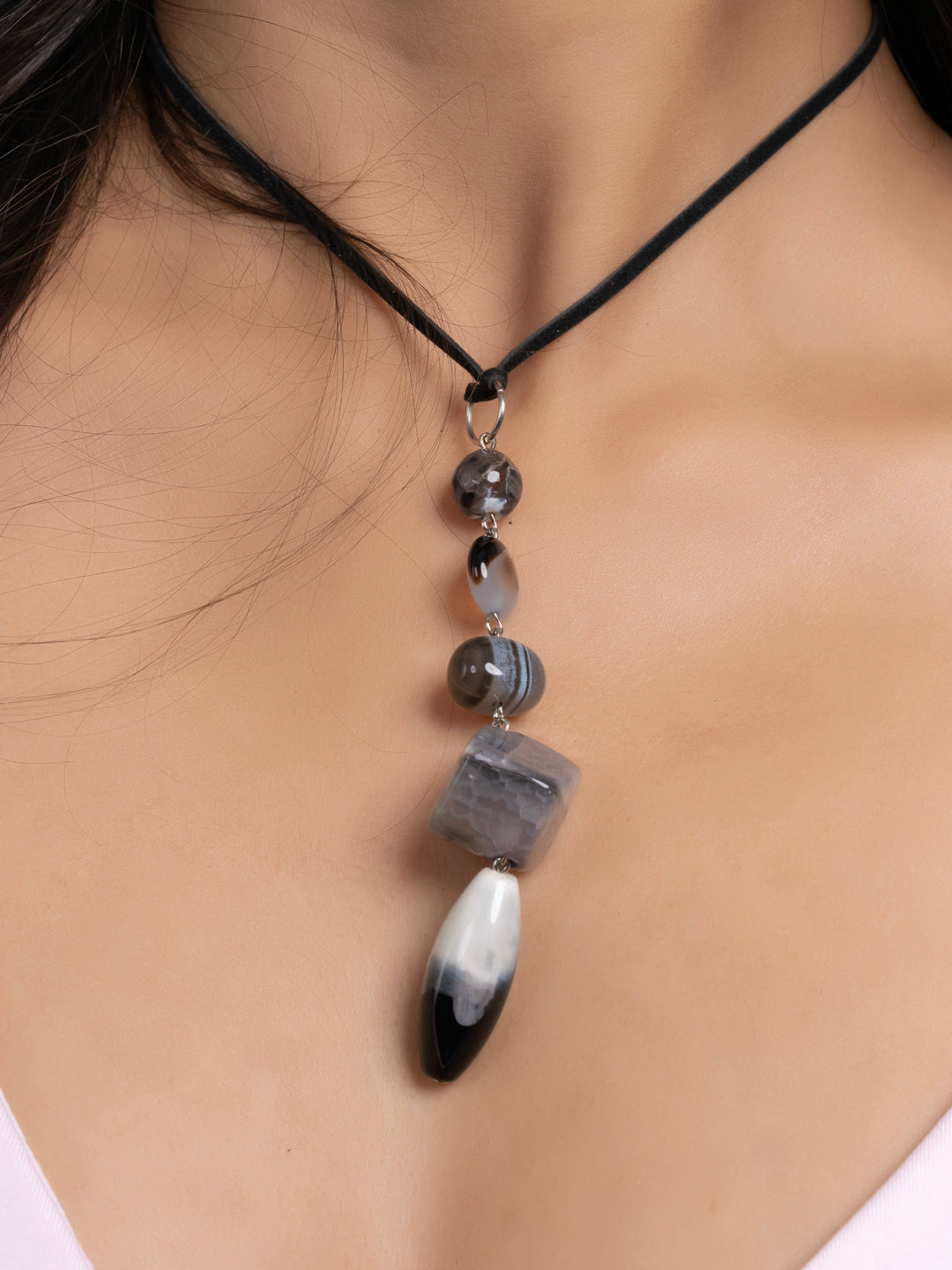 Semi Precious Black White Grey Onyx Agate Sleek necklace with adjustable Suede Cord LOOK AND ADORN - designed for you