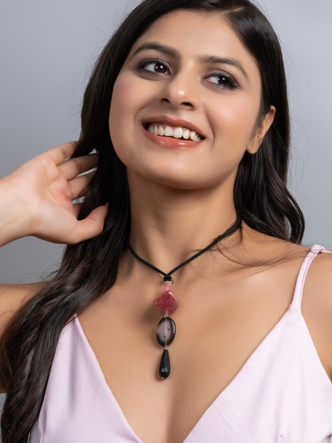 Semi Precious Black Pink Onyx Agate Sleek necklace with adjustable Suede Cord LOOK AND ADORN - designed for you