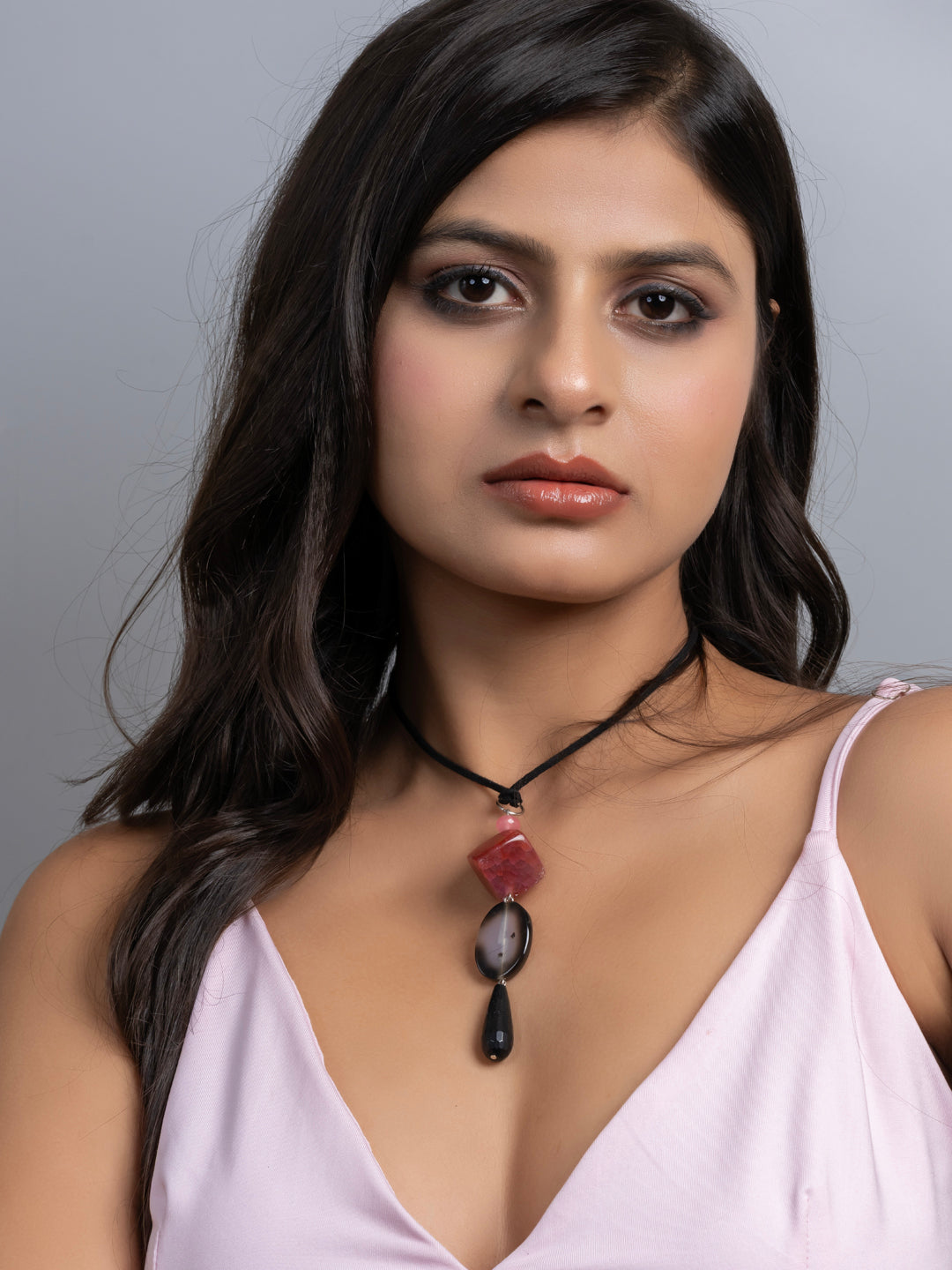 Semi Precious Black Pink Onyx Agate Sleek necklace with adjustable Suede Cord LOOK AND ADORN - designed for you