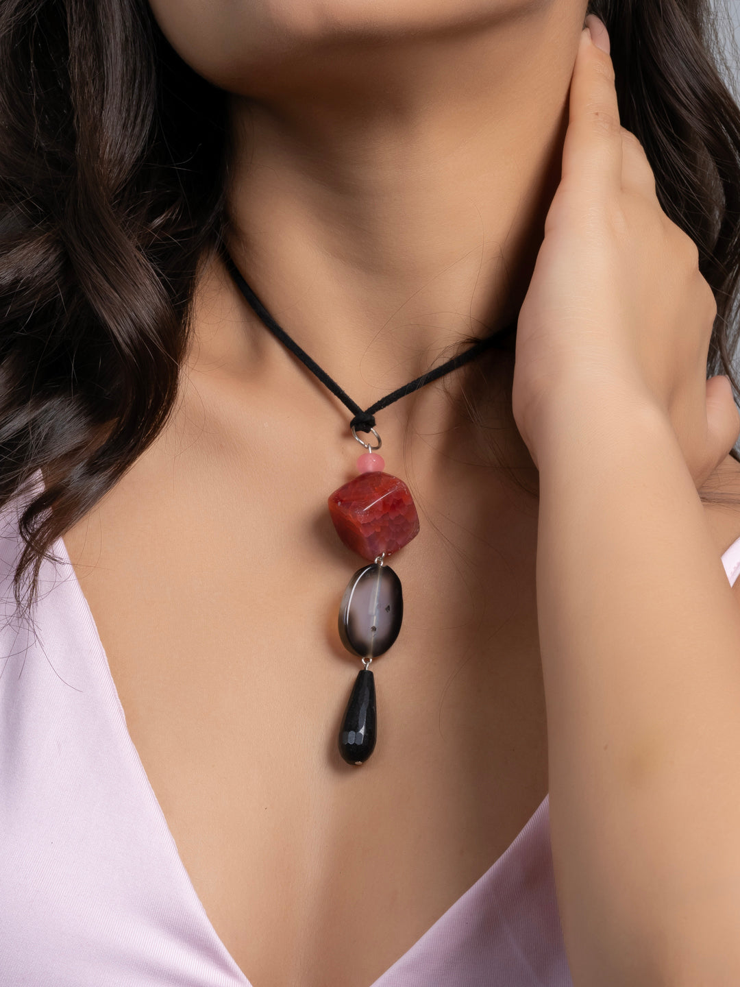 Semi Precious Black Pink Onyx Agate Sleek necklace with adjustable Suede Cord LOOK AND ADORN - designed for you