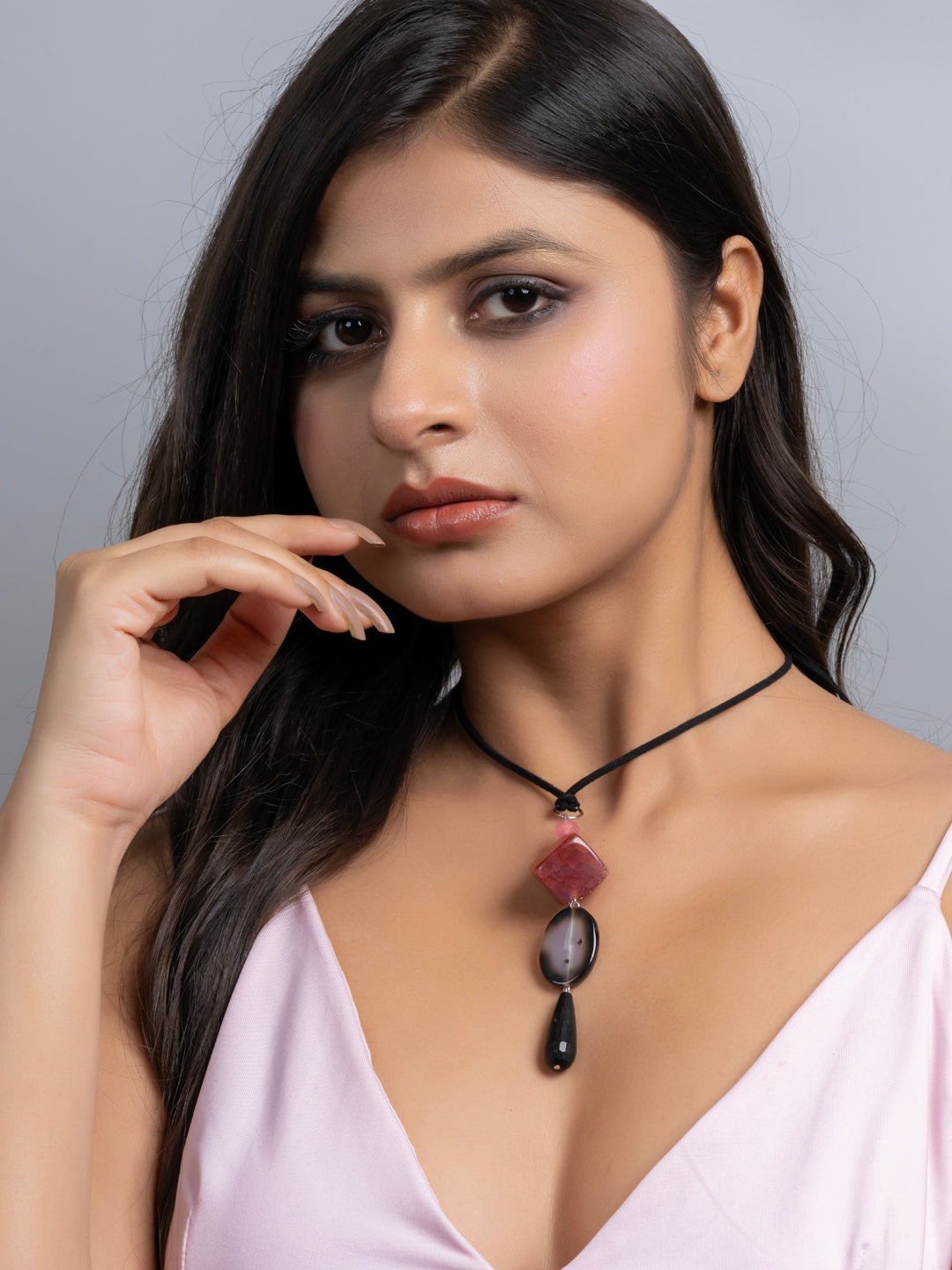 Semi Precious Black Pink Onyx Agate Sleek necklace with adjustable Suede Cord LOOK AND ADORN - designed for you