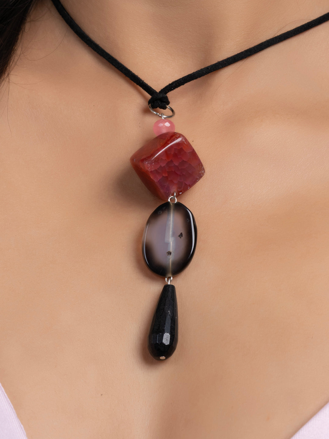 Semi Precious Black Pink Onyx Agate Sleek necklace with adjustable Suede Cord LOOK AND ADORN - designed for you