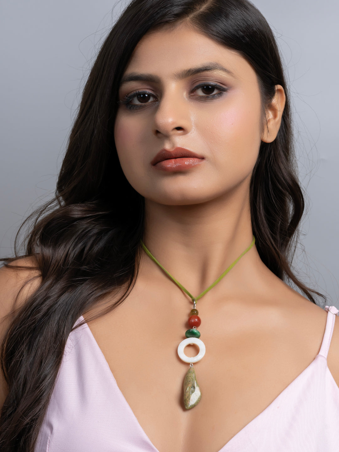 Semi Precious White MOP Green Unakite Lily Onyx Agate Sleek necklace with adjustable Suede Cord LOOK AND ADORN - designed for you