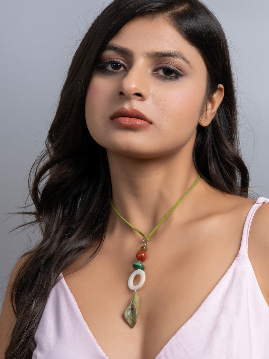 Semi Precious White MOP Green Unakite Lily Onyx Agate Sleek necklace with adjustable Suede Cord LOOK AND ADORN - designed for you
