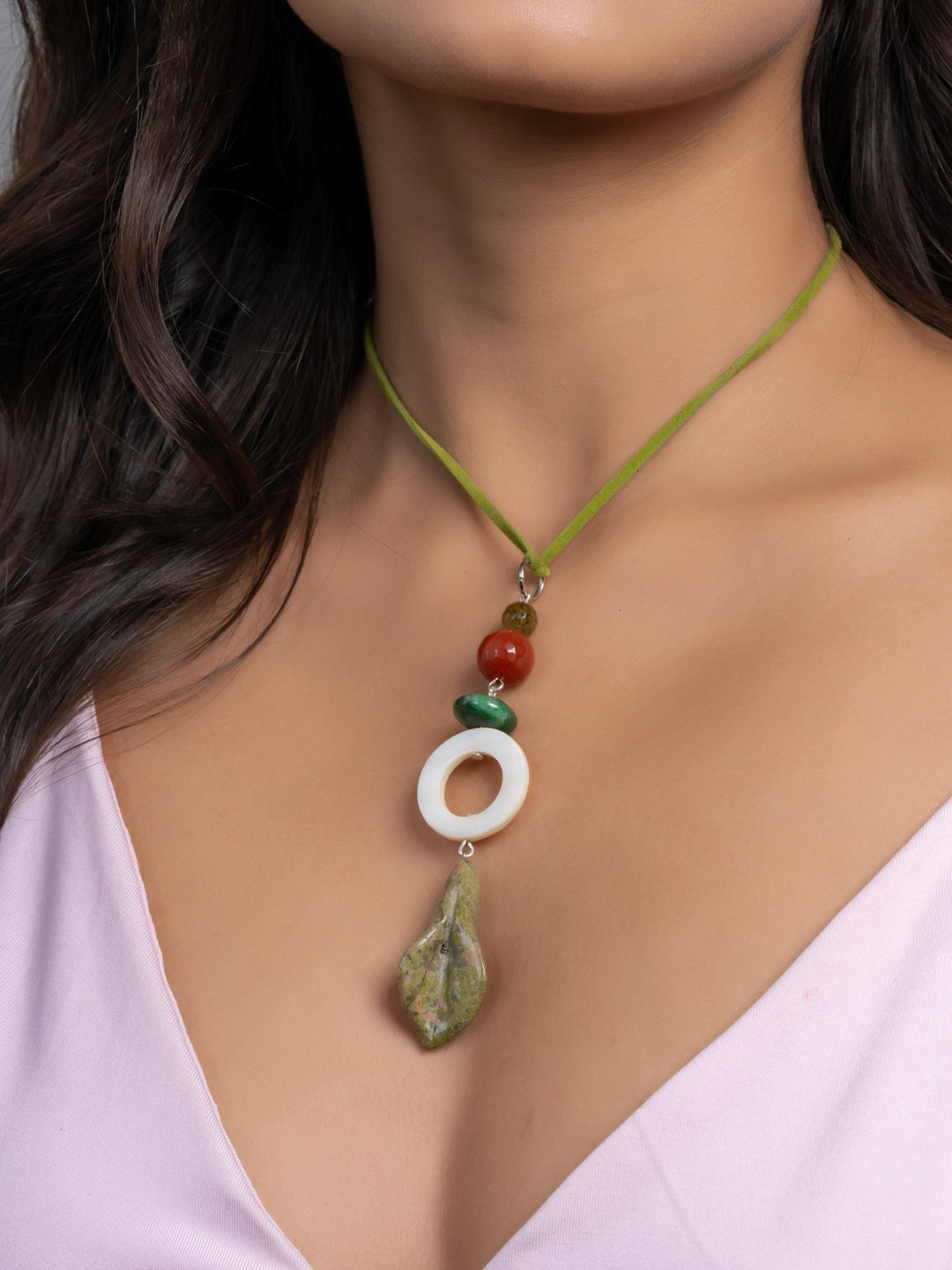 Semi Precious White MOP Green Unakite Lily Onyx Agate Sleek necklace with adjustable Suede Cord LOOK AND ADORN - designed for you