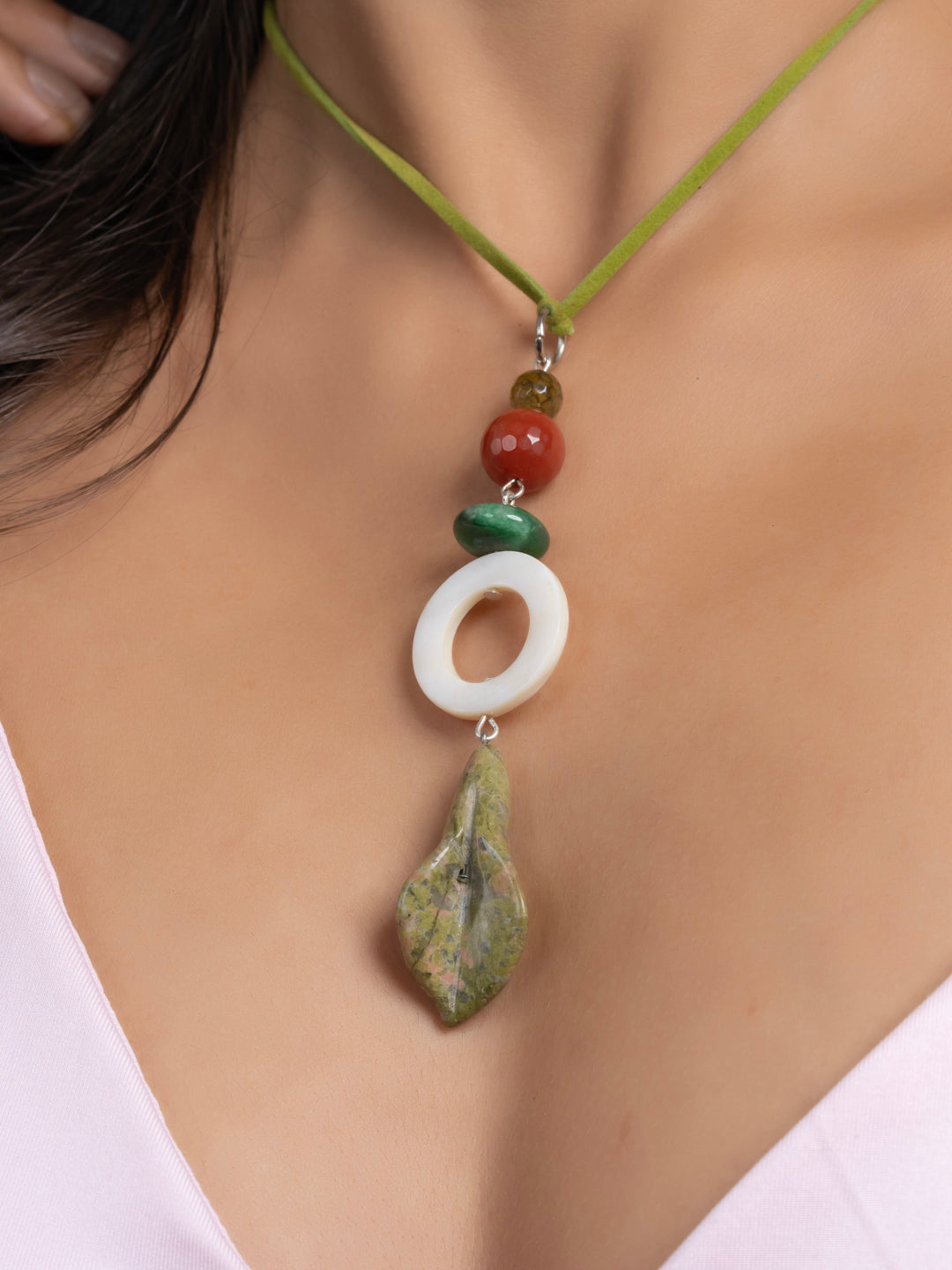 Semi Precious White MOP Green Unakite Lily Onyx Agate Sleek necklace with adjustable Suede Cord LOOK AND ADORN - designed for you