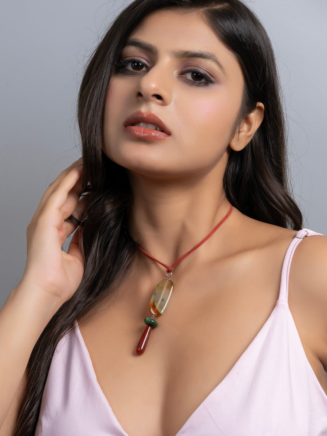 Semi Precious Green Rust Orange Onyx Agate Sleek necklace with adjustable Suede Cord LOOK AND ADORN - designed for you